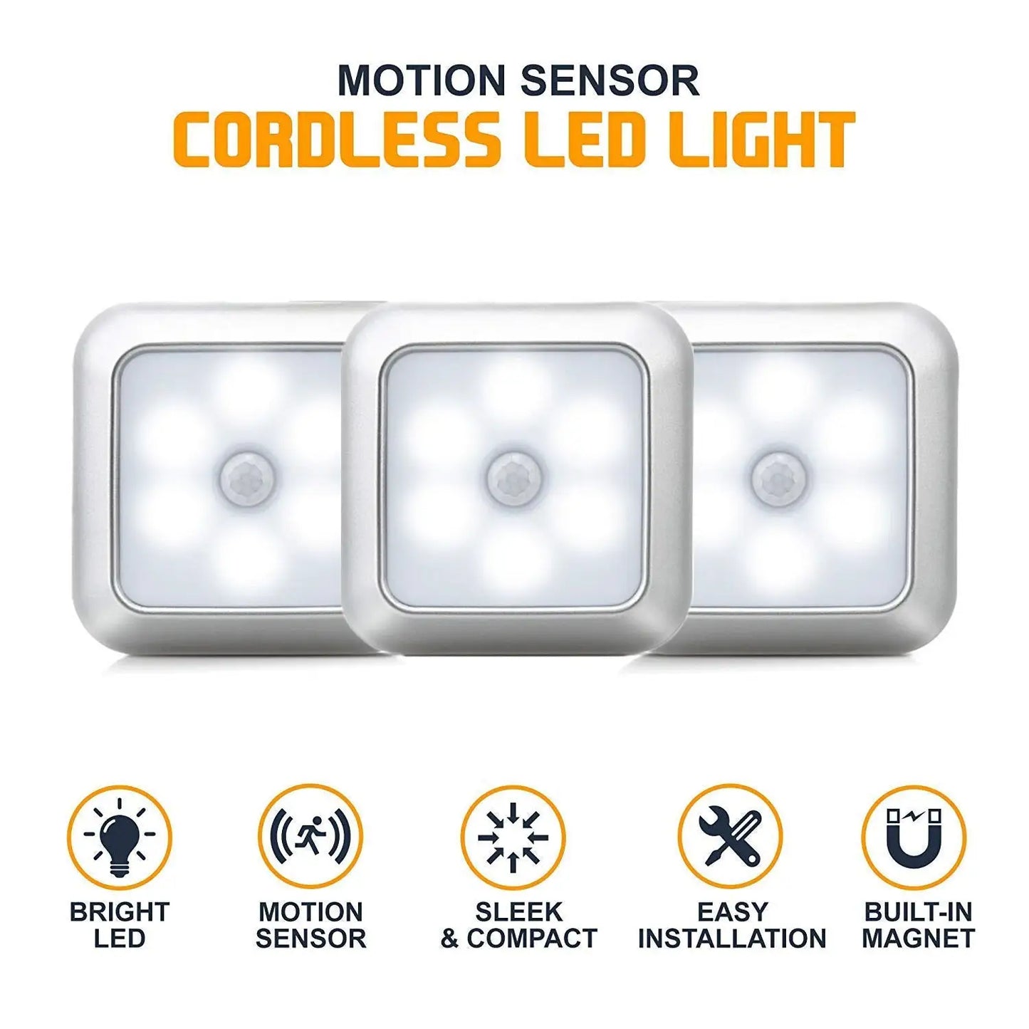 Square & PIR Motion Sensor Light with Battery 6LED for Closet Stairs and Kitchen - 12V Hanging Light
