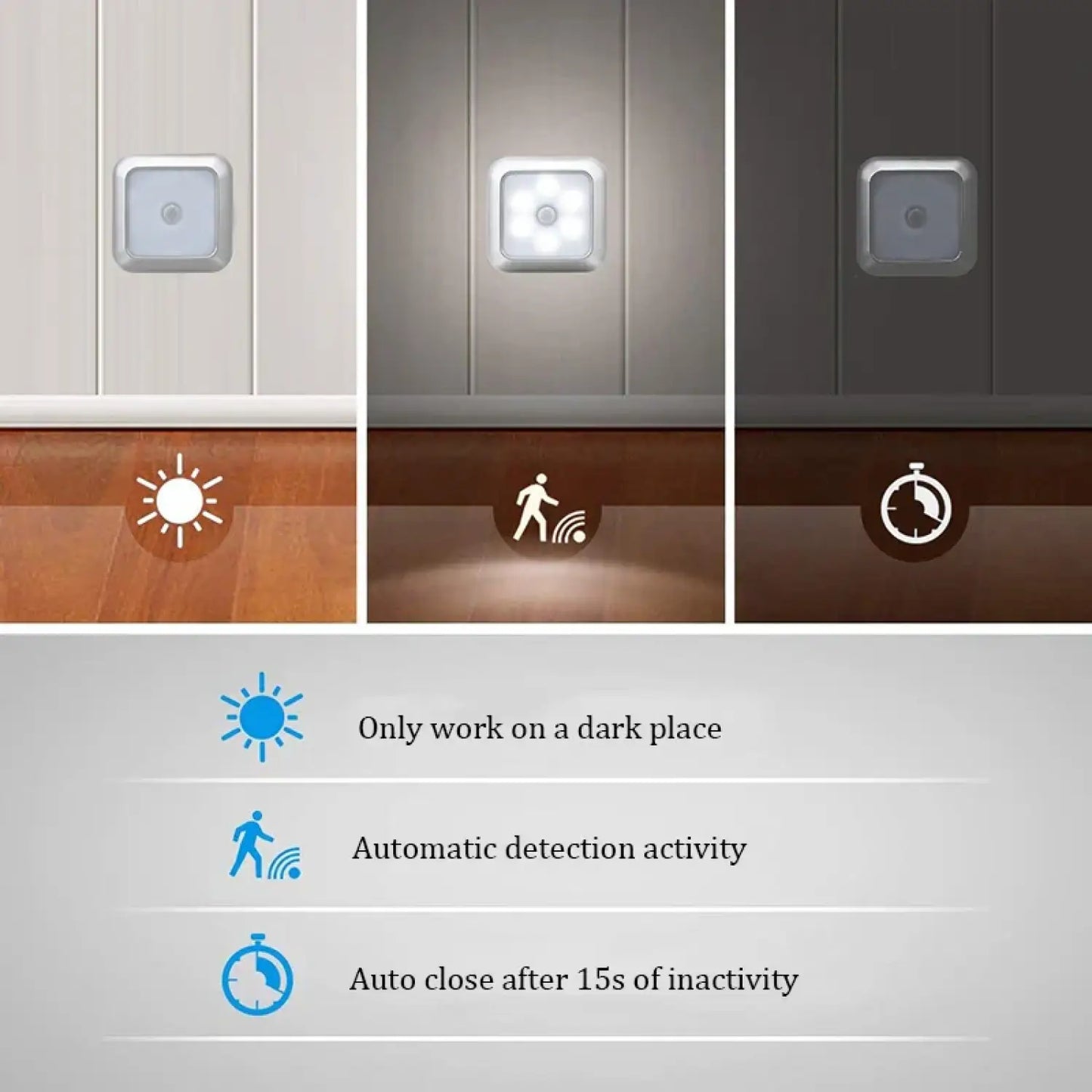 Square & PIR Motion Sensor Light with Battery 6LED for Closet Stairs and Kitchen - 12V Hanging Light