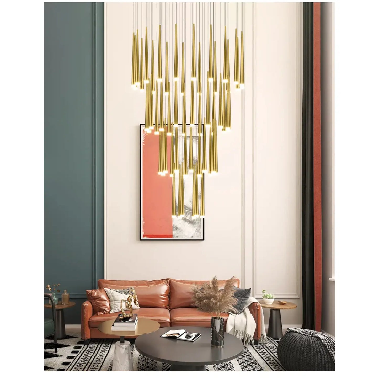 Stylish & Long Chandelier for Staircase with Compound Ring Design - Hanging Light
