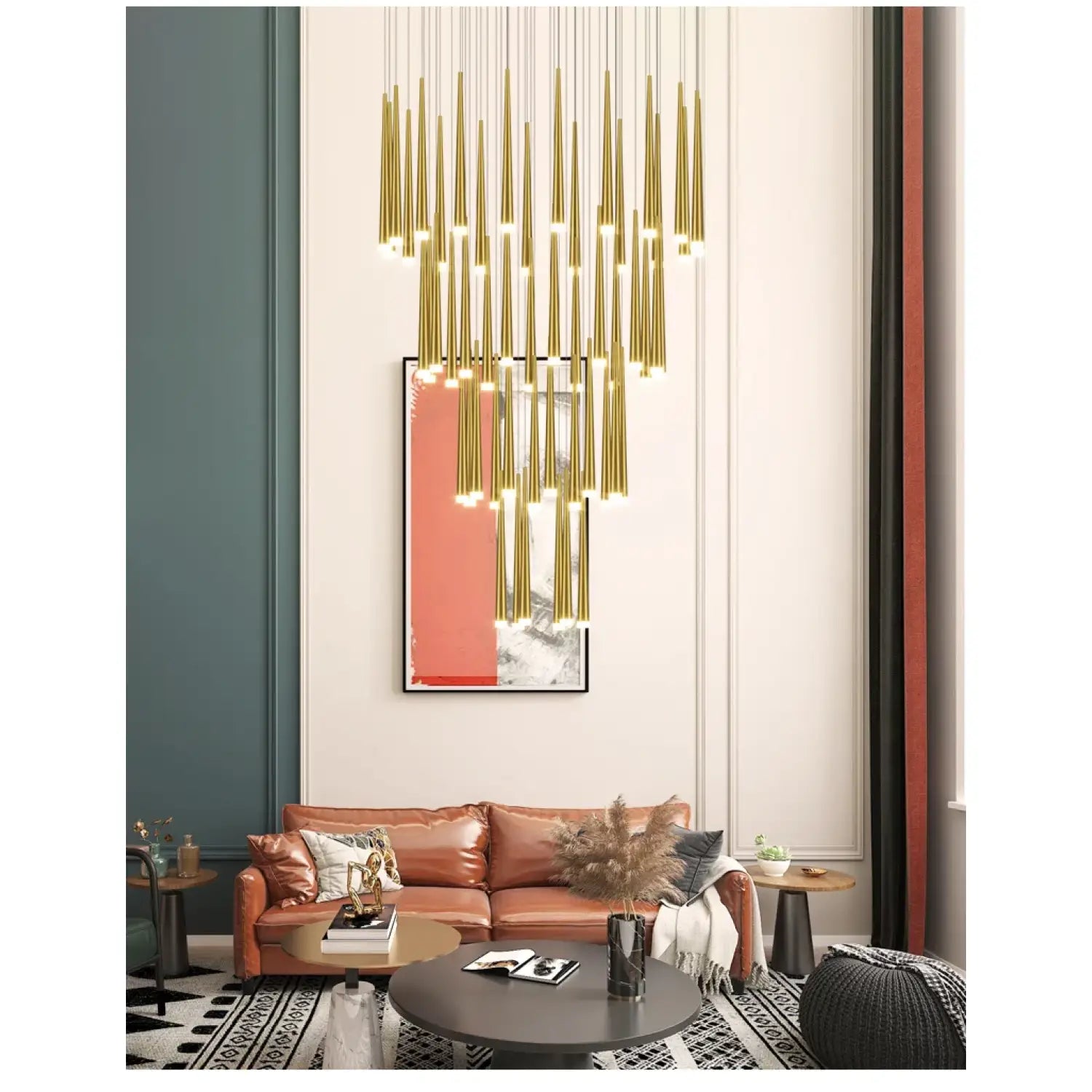 Stylish & Long Chandelier for Staircase with Compound Ring Design - Hanging Light