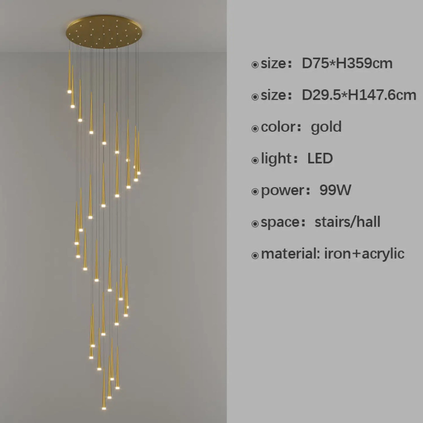 Stylish & Long Chandelier for Staircase with Compound Ring Design - Hanging Light