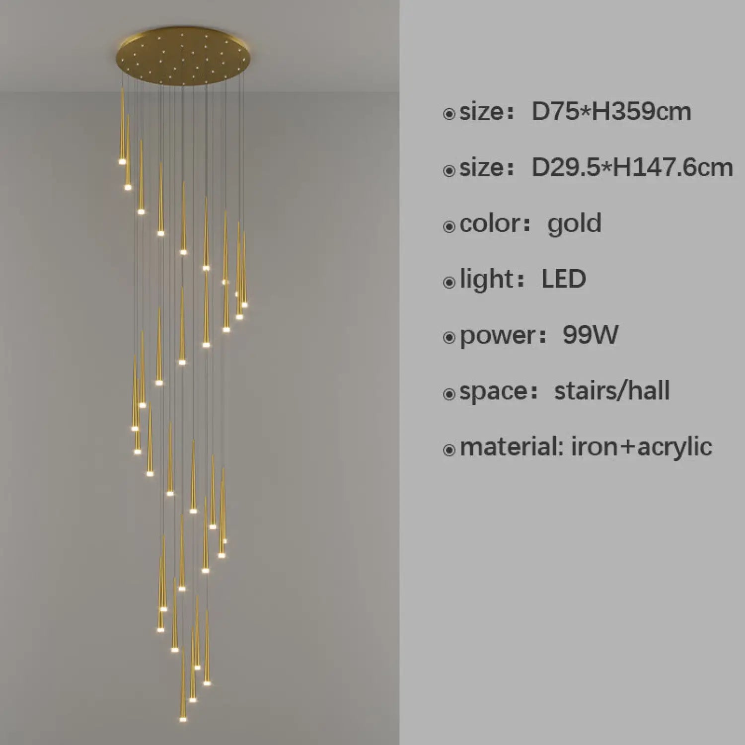 Stylish & Long Chandelier for Staircase with Compound Ring Design - Hanging Light