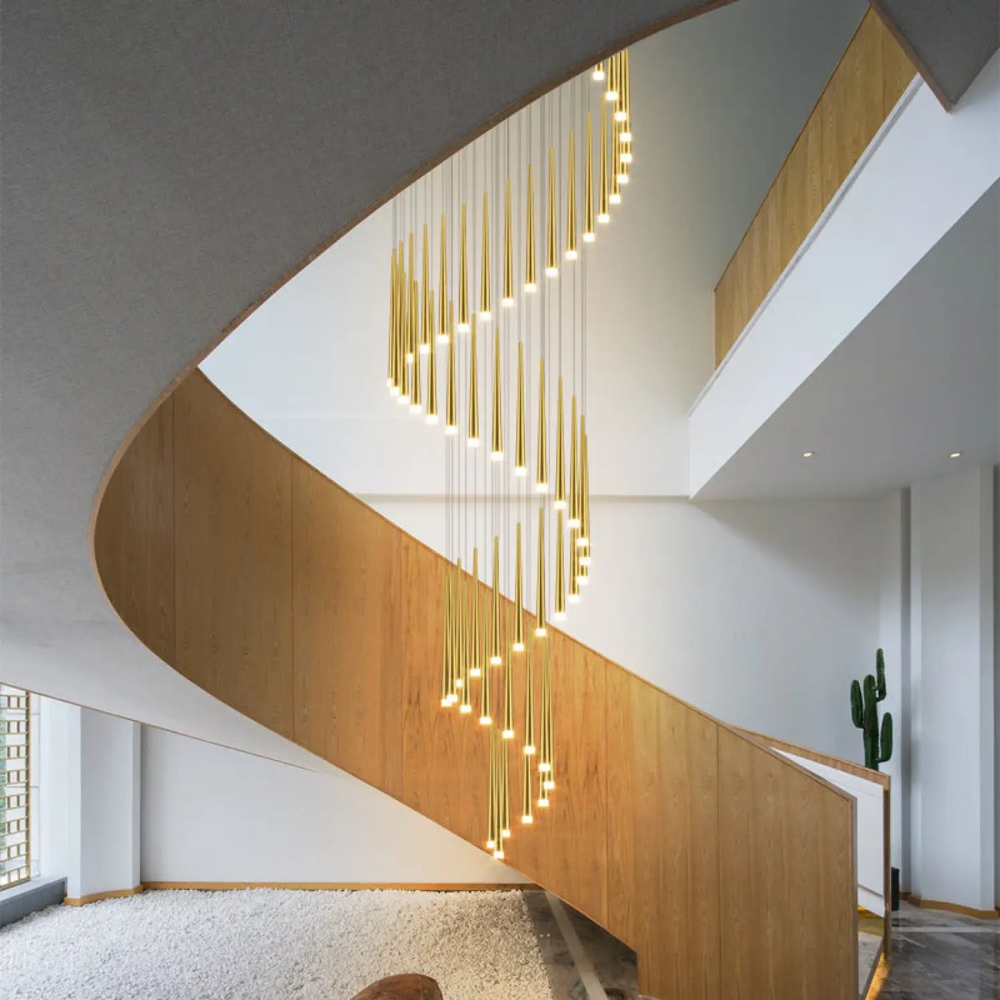 Stylish & Long Chandelier for Staircase with Compound Ring Design - Hanging Light