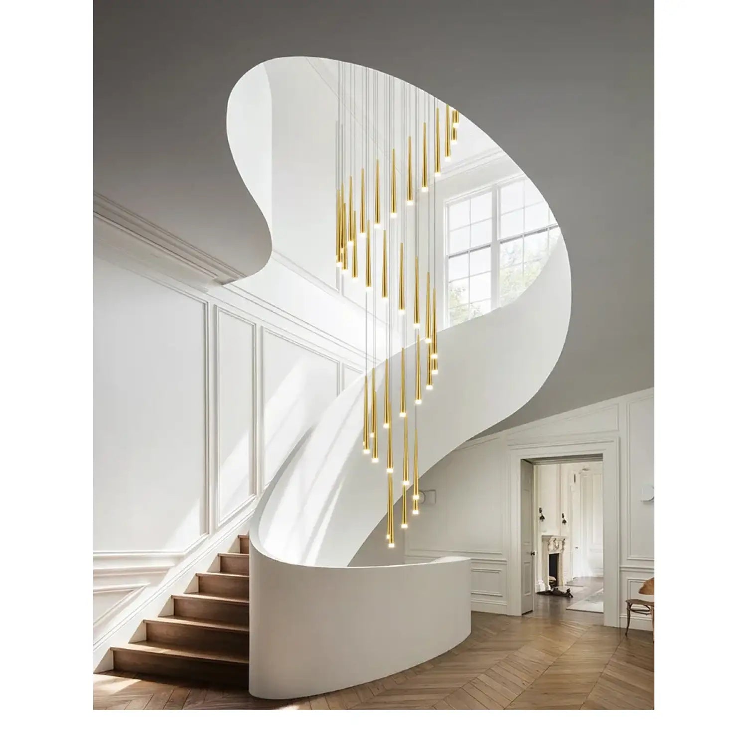 Stylish & Long Chandelier for Staircase with Compound Ring Design - Hanging Light