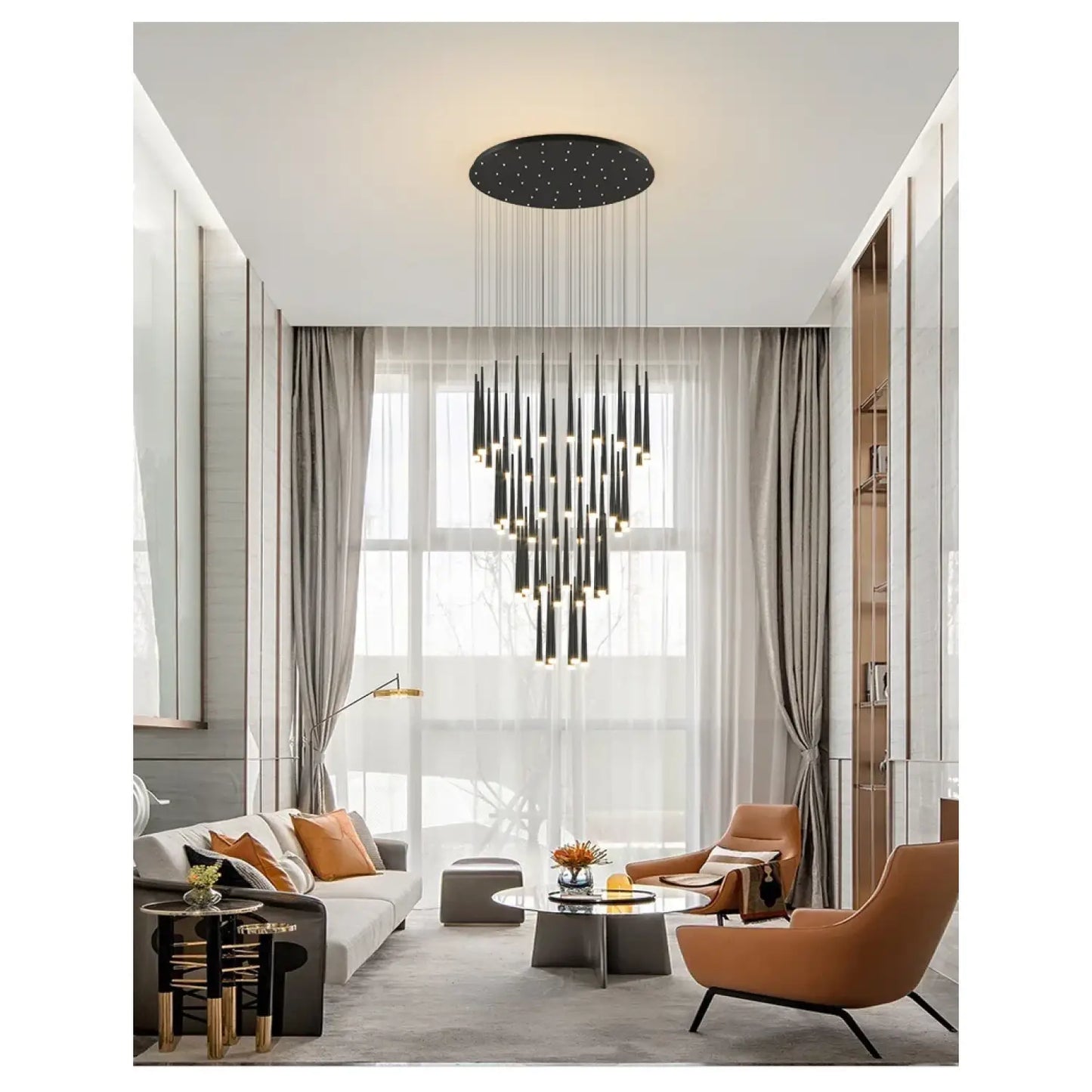 Stylish & Long Chandelier for Staircase with Compound Ring Design - Hanging Light