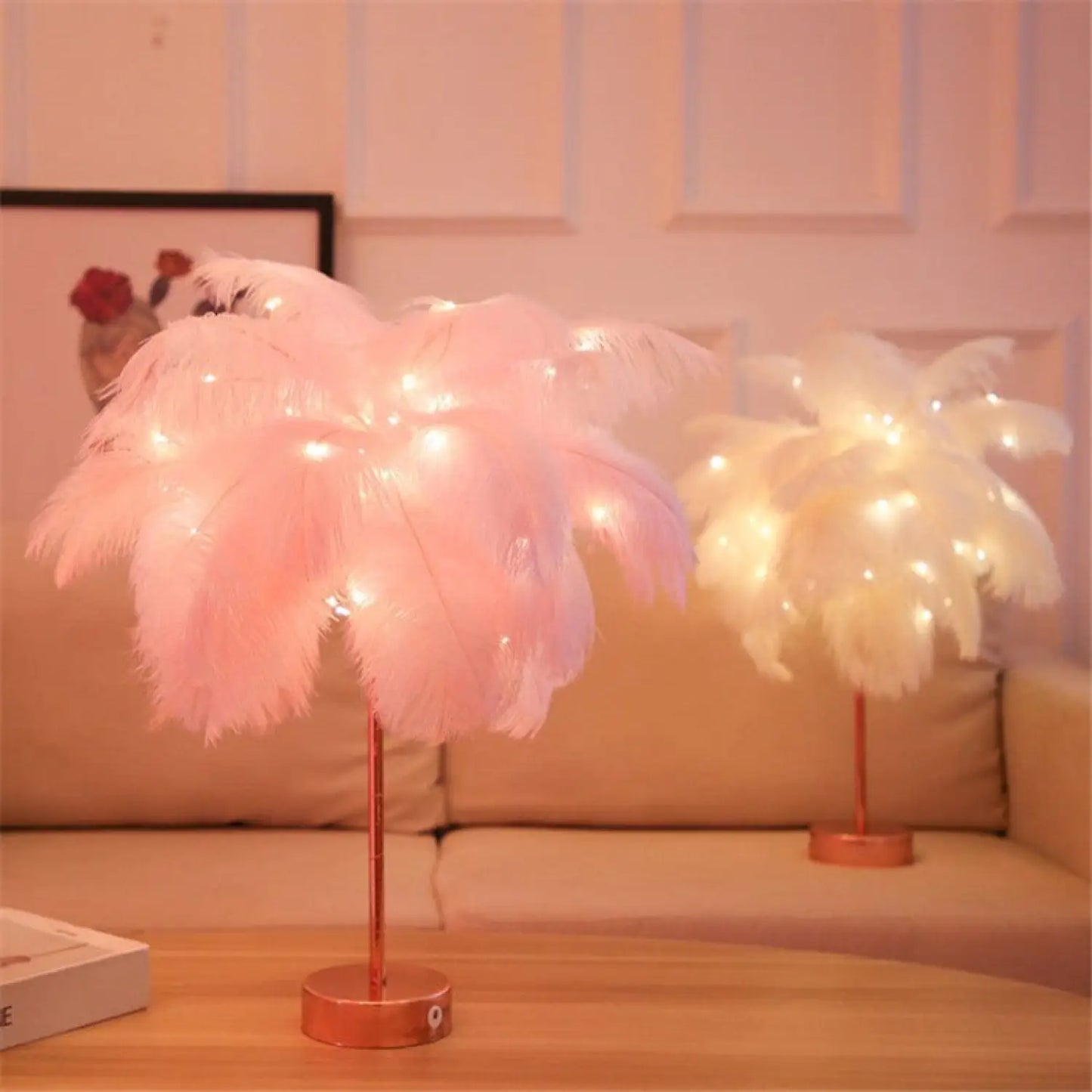 Remote Control Feather Table Lamp USB Battery Power - Pink - 12V Hanging Light