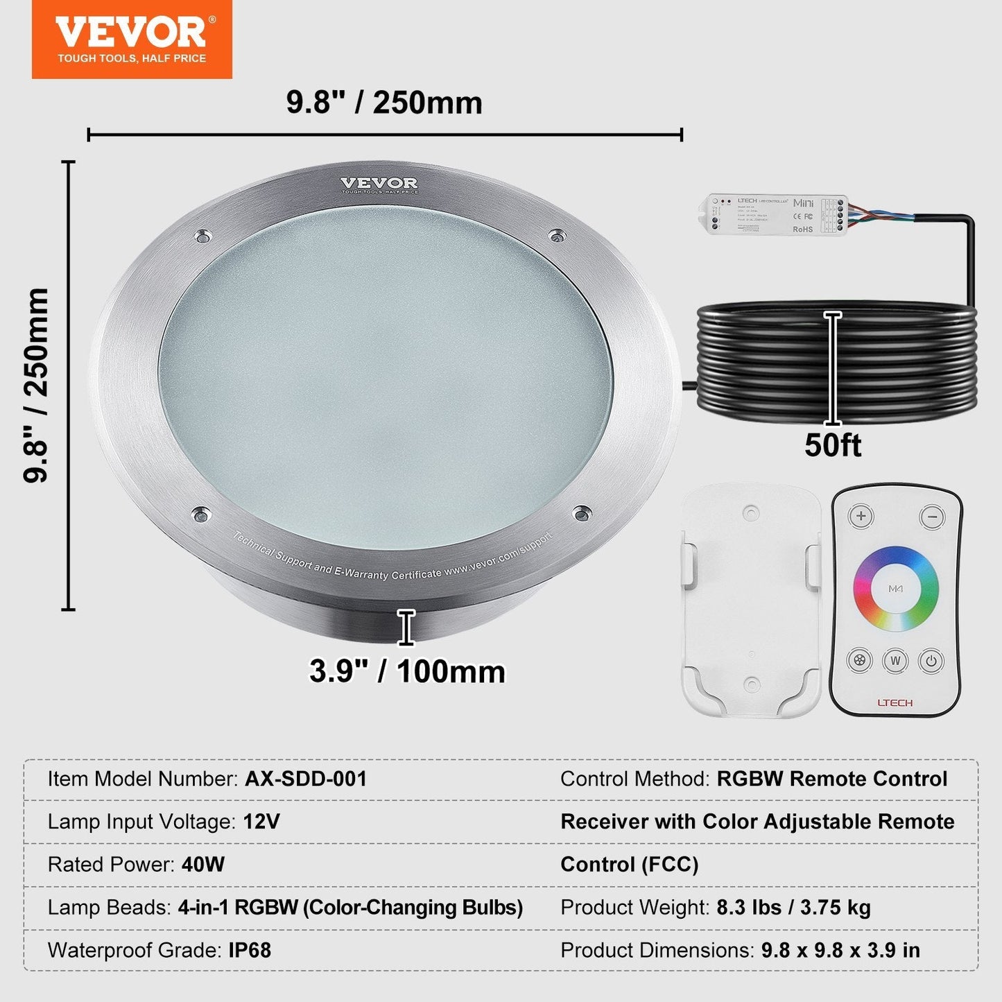 VEVOR 12V LED Pool Light 10 Inch 40W RGBW Color Changing Inground Swimming Pool Spa Light Underwater With 50 FT Cord