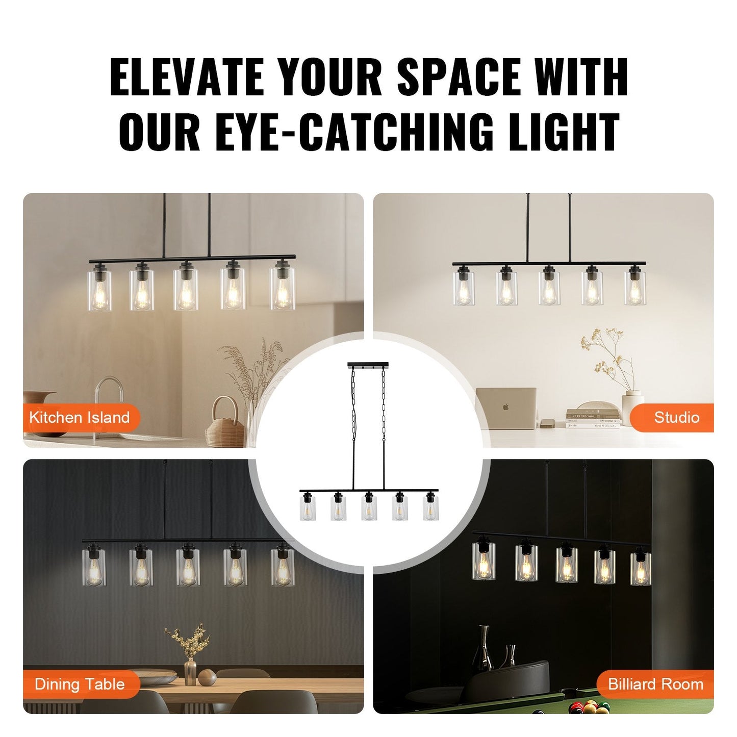 VEVOR 5 Light Kitchen Island Pendant Lights 60W Adjustable Dining Room Light E26 Black 12V Hanging Light