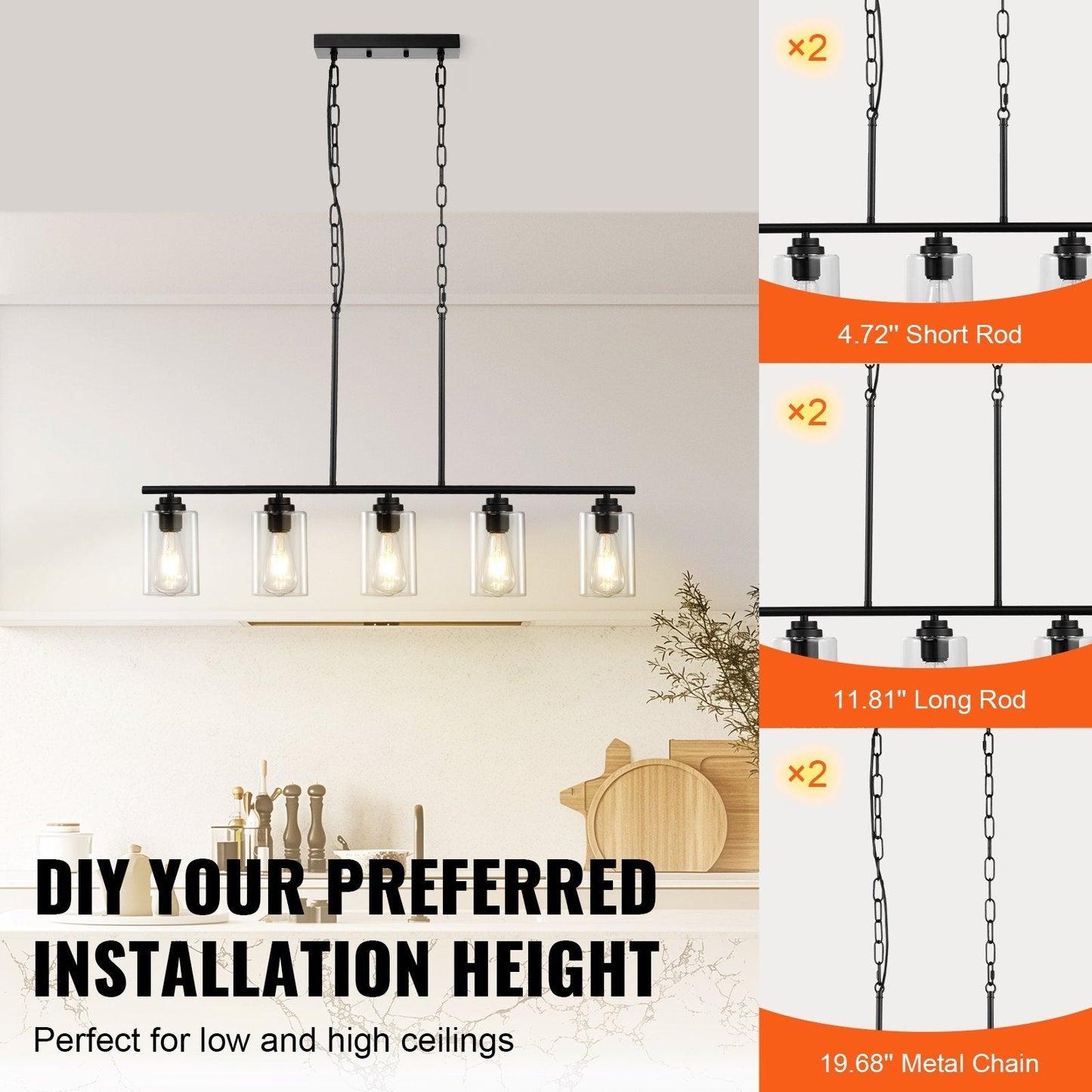 VEVOR 5 Light Kitchen Island Pendant Lights 60W Adjustable Dining Room Light E26 Black 12V Hanging Light