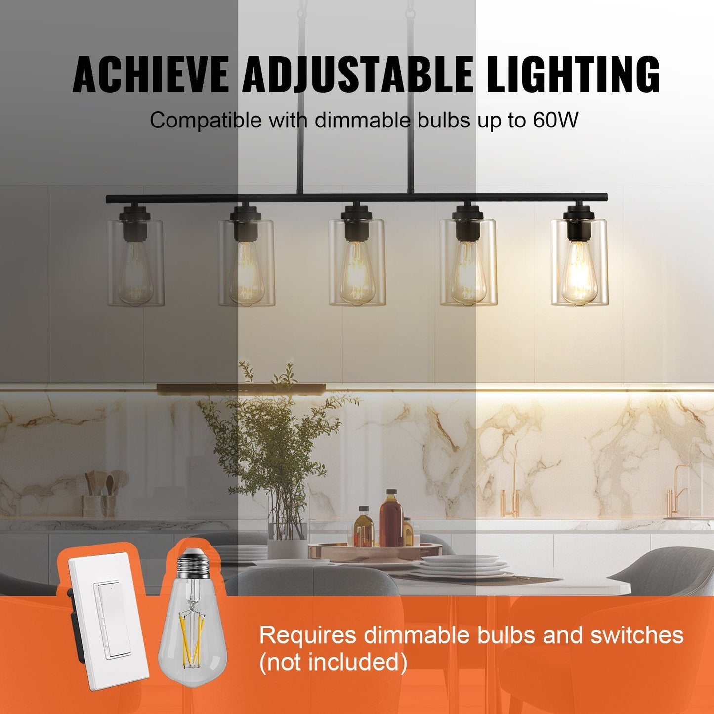 VEVOR 5 Light Kitchen Island Pendant Lights 60W Adjustable Dining Room Light E26 Black 12V Hanging Light