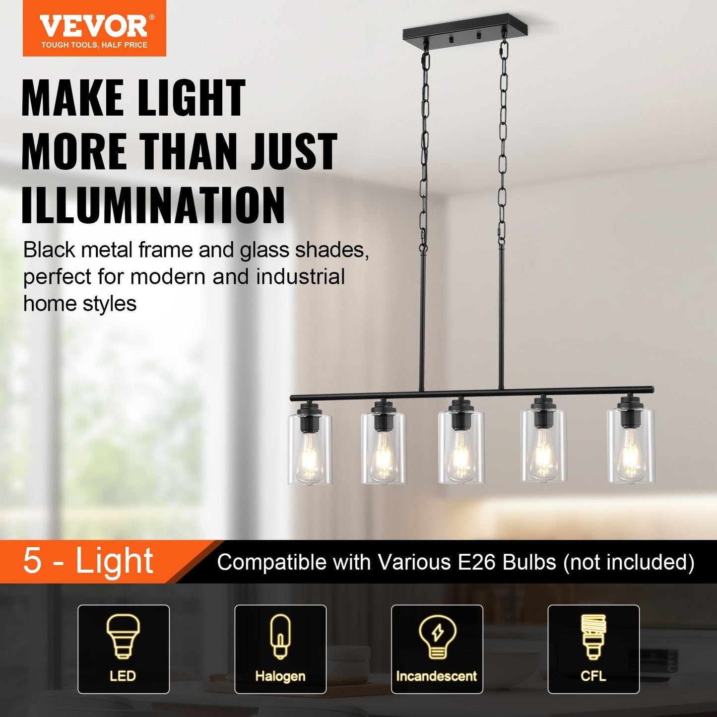 VEVOR 5 Light Kitchen Island Pendant Lights 60W Adjustable Dining Room Light E26 Black 12V Hanging Light