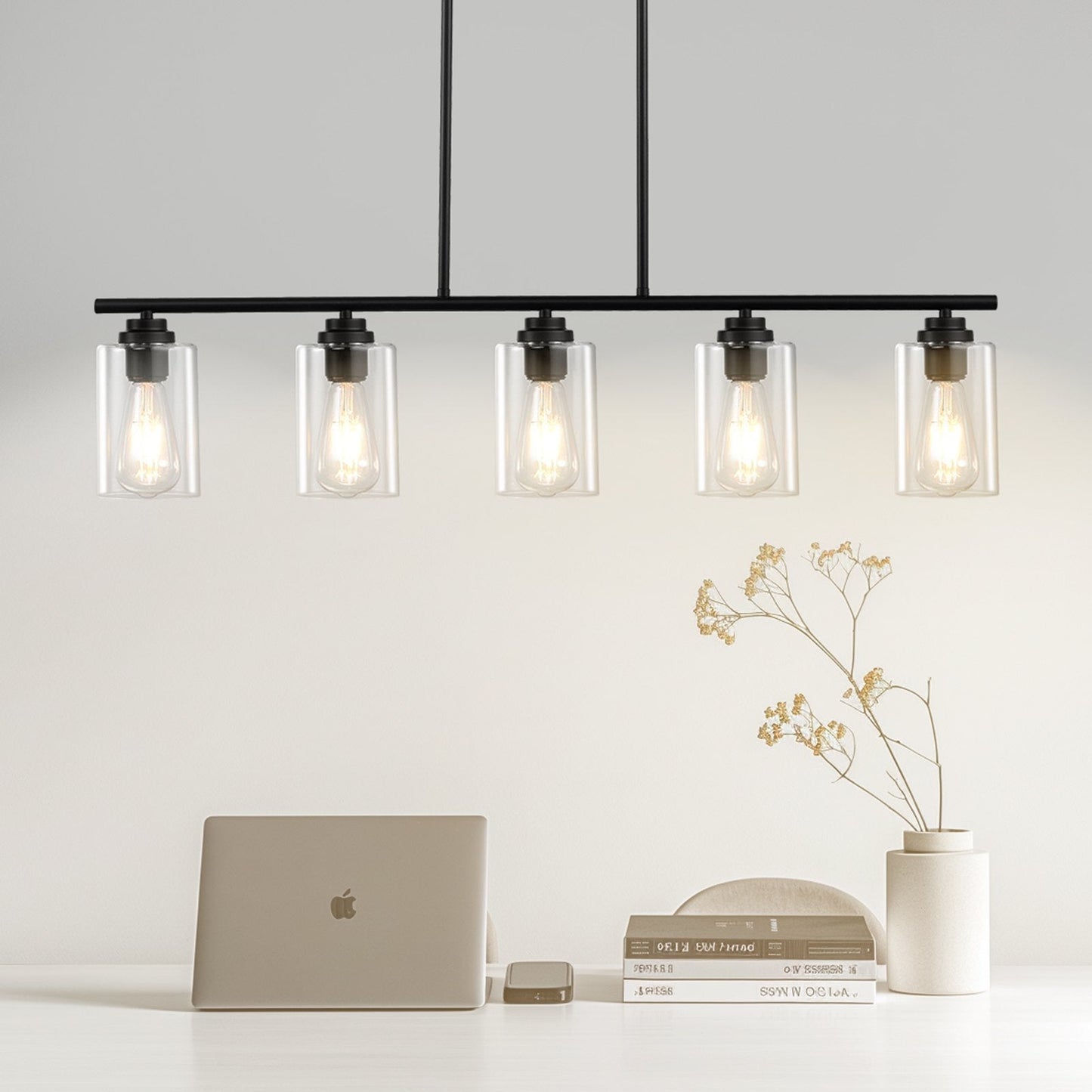 VEVOR 5 Light Kitchen Island Pendant Lights 60W Adjustable Dining Room Light E26 Black 12V Hanging Light