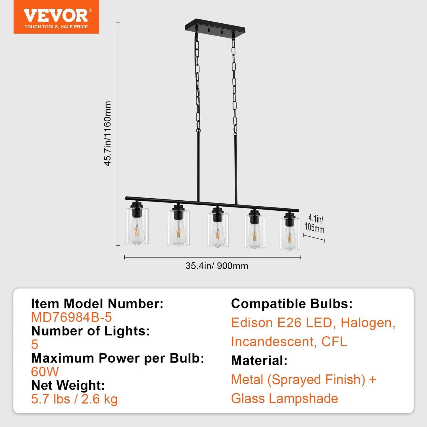 VEVOR 5 Light Kitchen Island Pendant Lights 60W Adjustable Dining Room Light E26 Black 12V Hanging Light