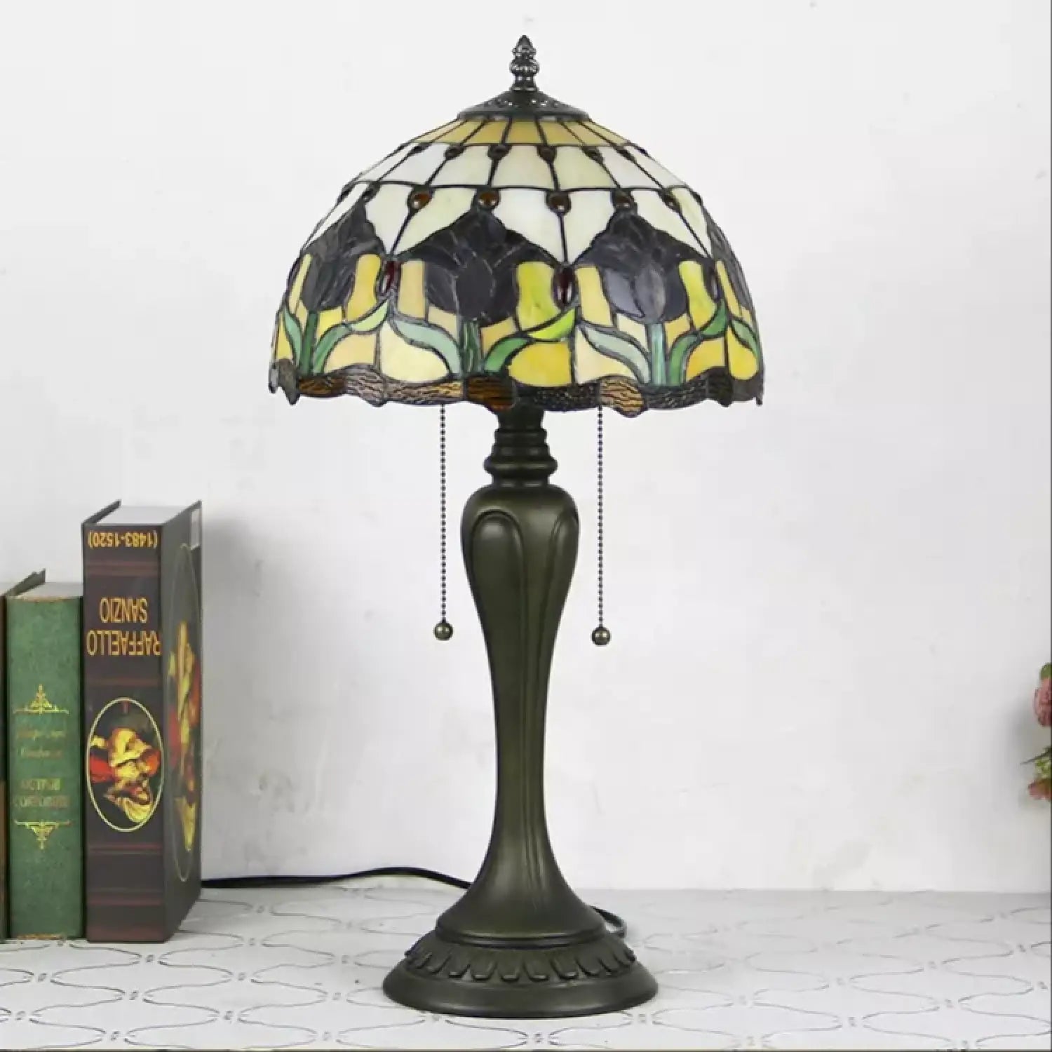 Vintage Baroque Tiffany Glass Tabletop Lamp - No Bulb - Table Lamp