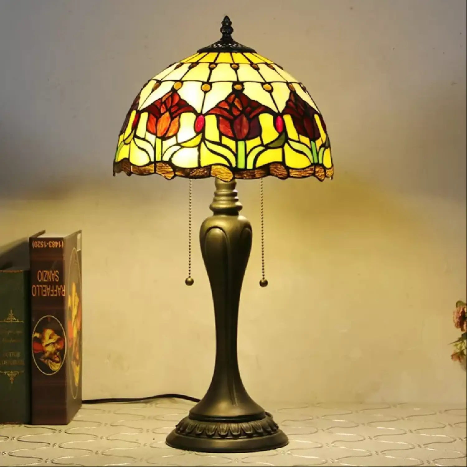 Vintage Baroque Tiffany Glass Tabletop Lamp - No Bulb - Table Lamp