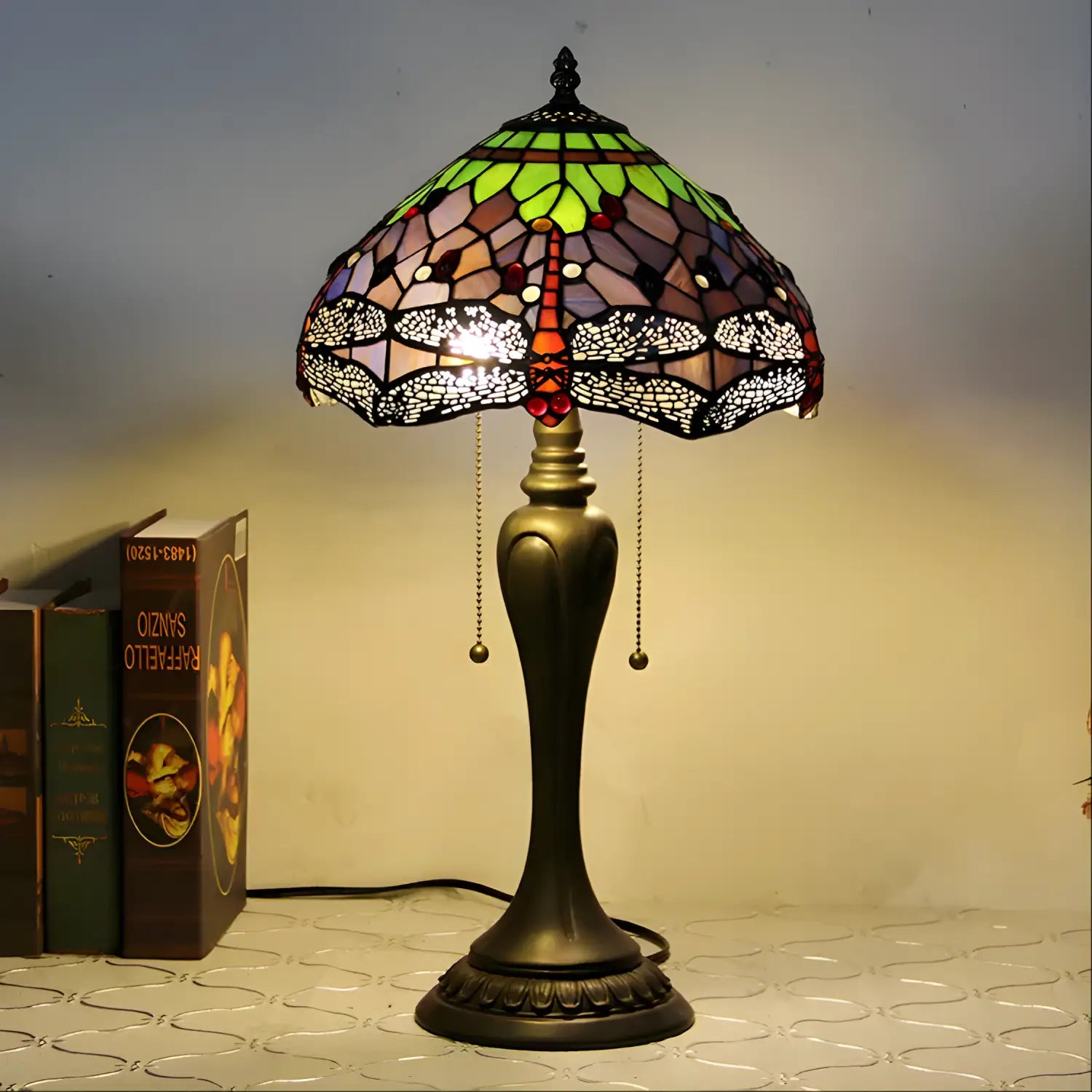 Vintage Dragonfly Tiffany Glass Tabletop Lamp - No Bulb - Table Lamp