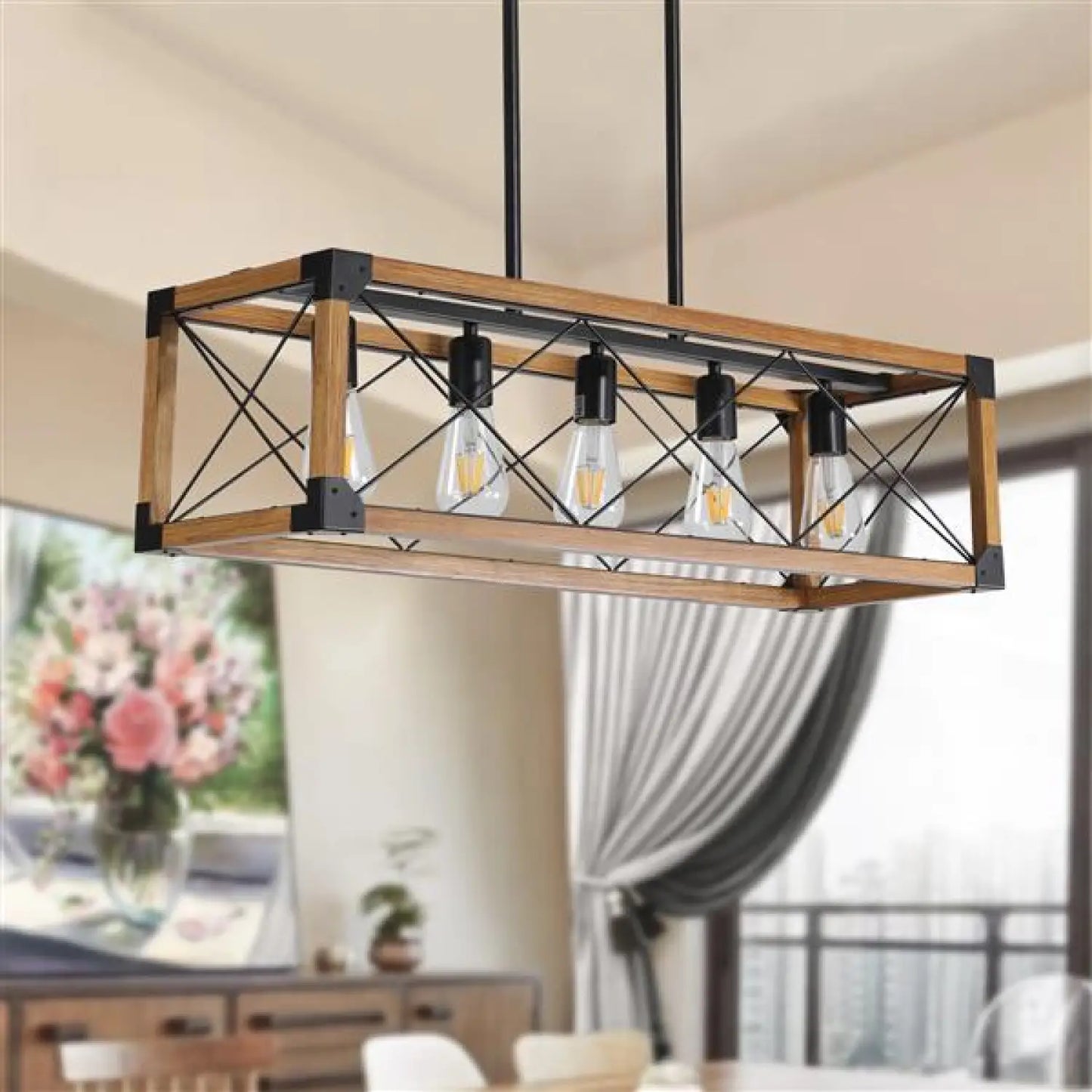 Vintage Wood Pendant Light – 5 Light Hanging Fixture - Wood - Light Fixture