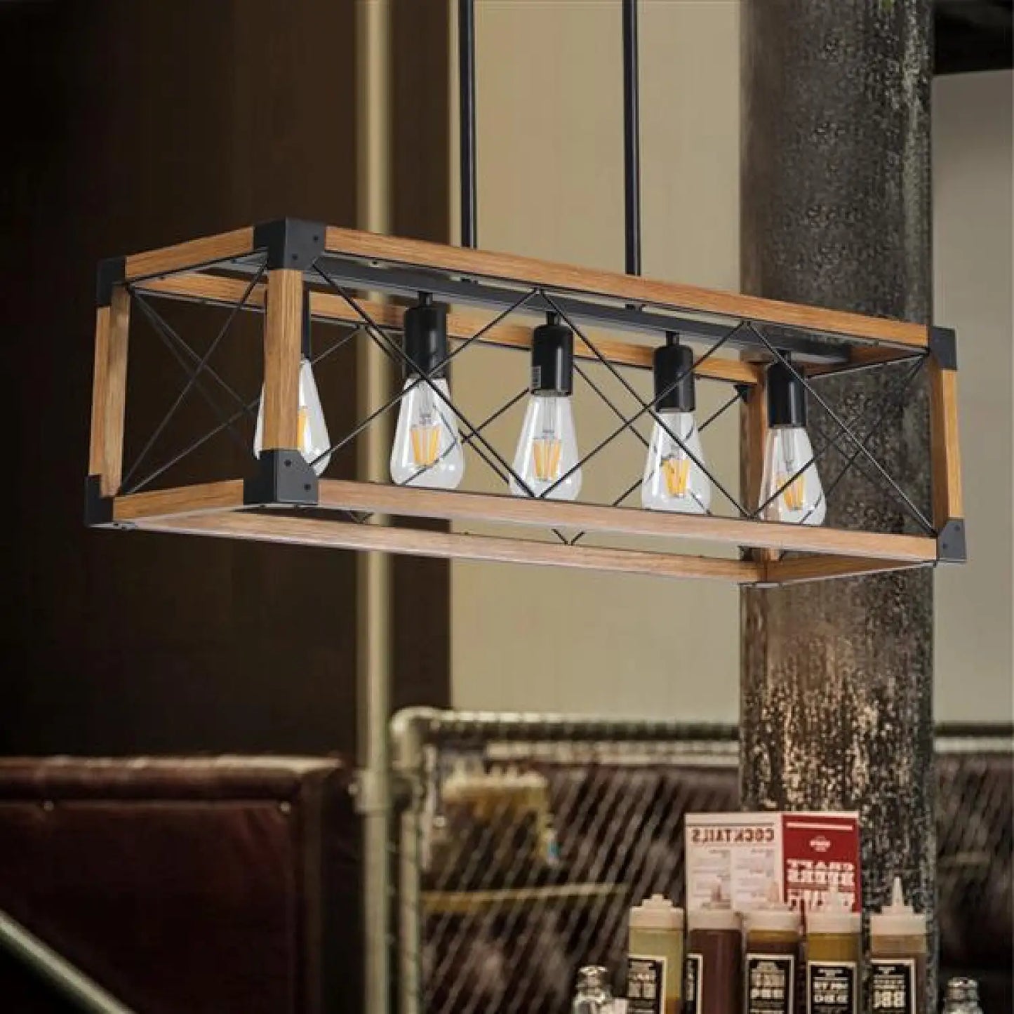 Vintage Wood Pendant Light – 5 Light Hanging Fixture - Wood - Light Fixture
