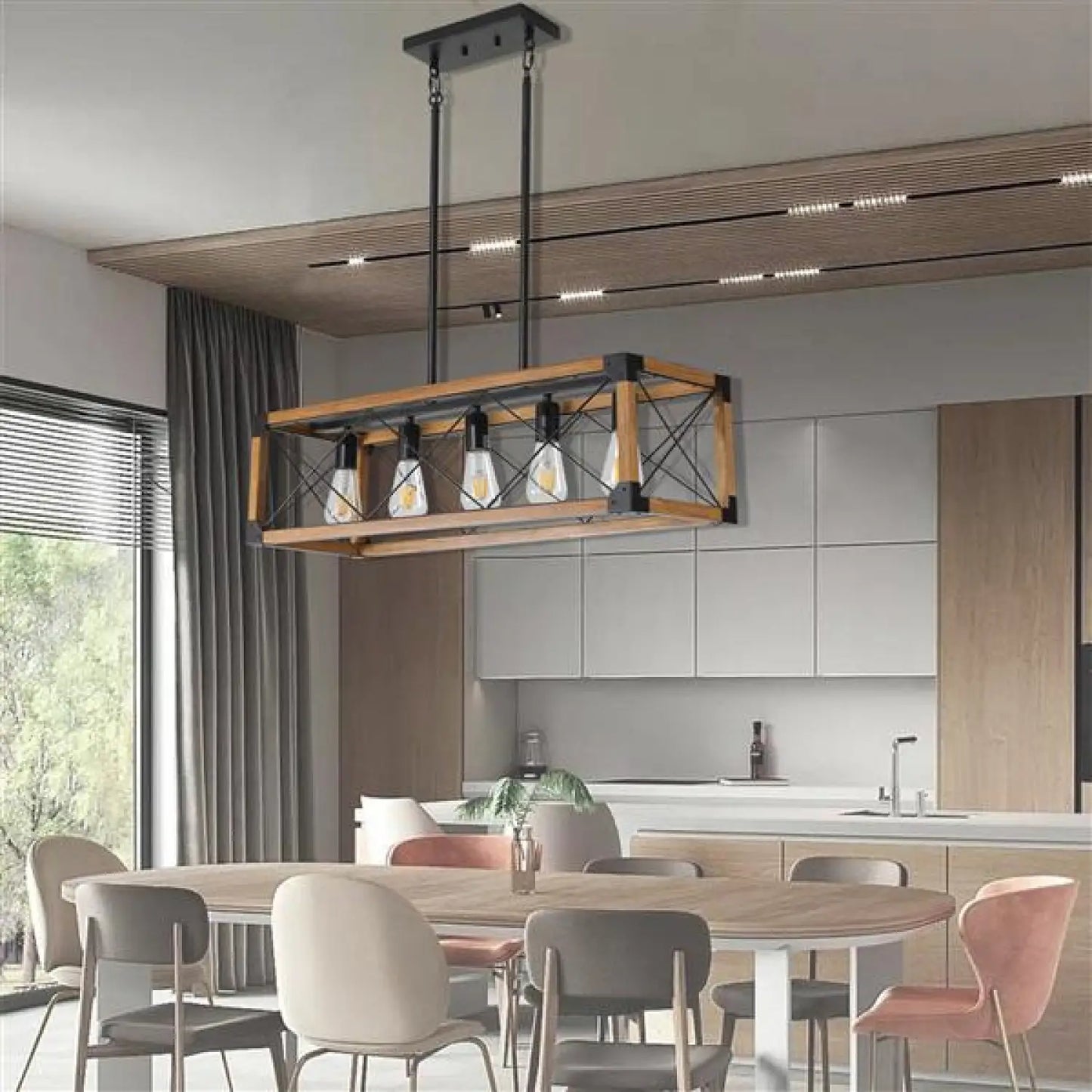 Vintage Wood Pendant Light – 5 Light Hanging Fixture - Wood - Light Fixture
