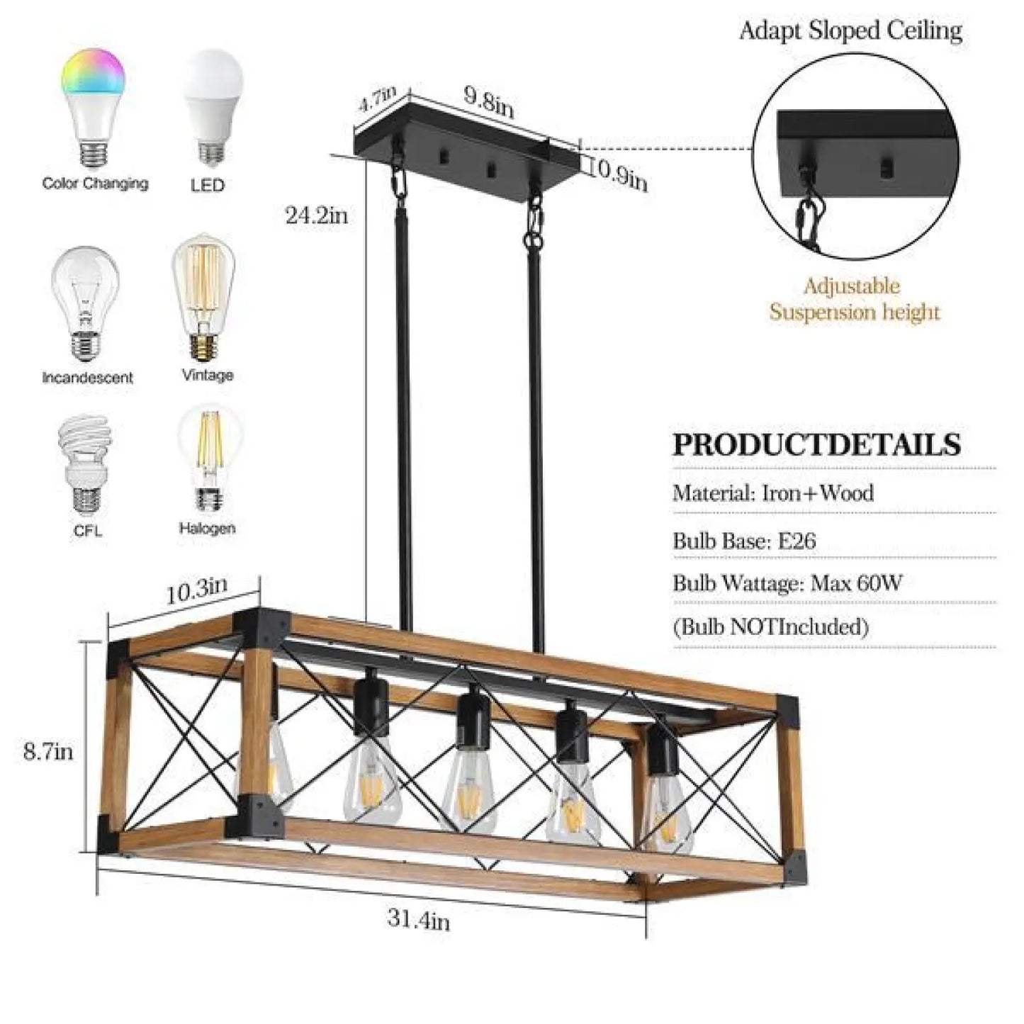 Vintage Wood Pendant Light – 5 Light Hanging Fixture - Wood - Light Fixture