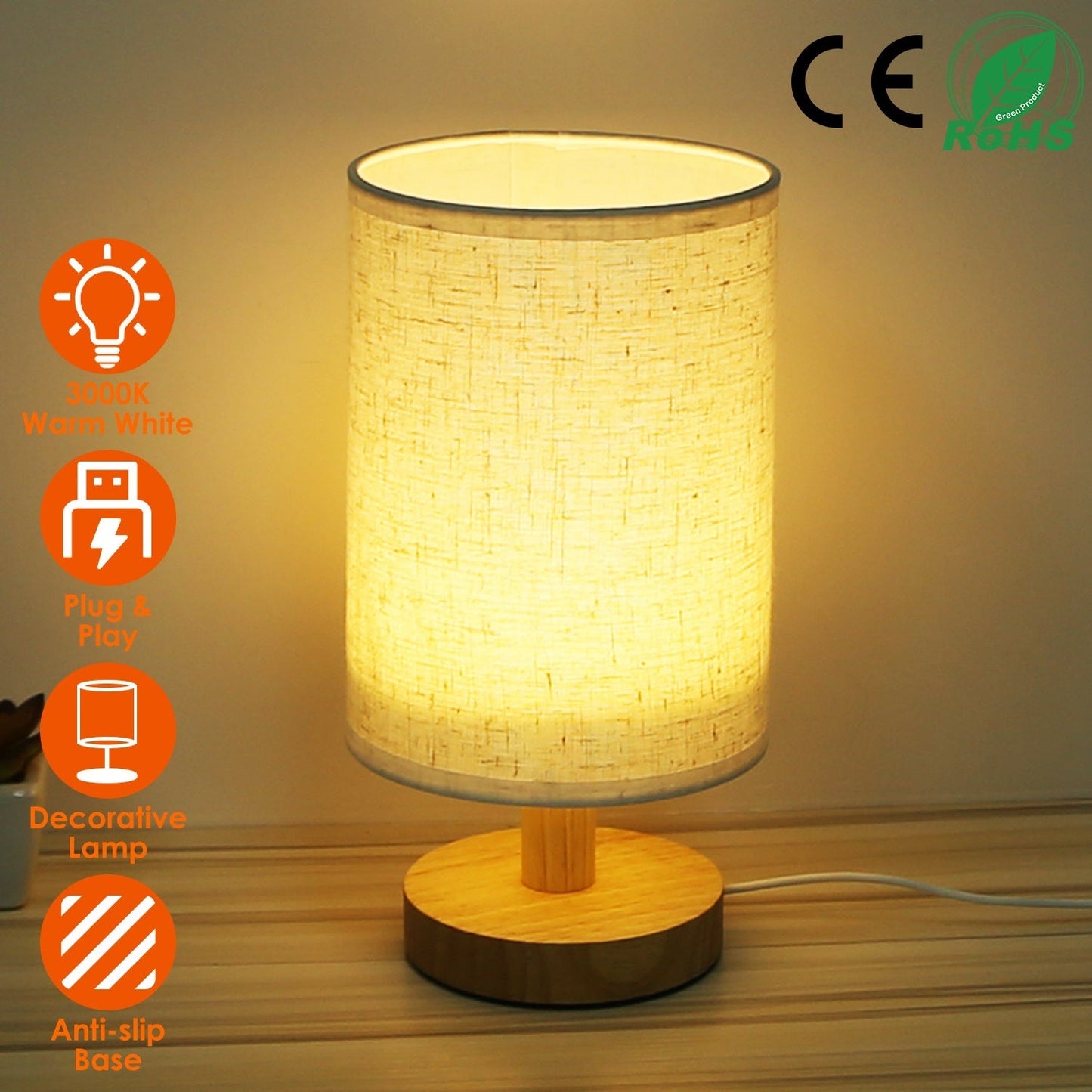 Warm White Bedside Lamp USB Plug Modern Bedroom Lamp Warm White 12V Hanging Light
