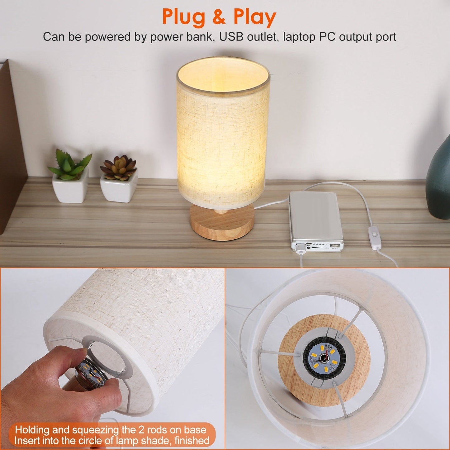 Warm White Bedside Lamp USB Plug Modern Bedroom Lamp Warm White 12V Hanging Light
