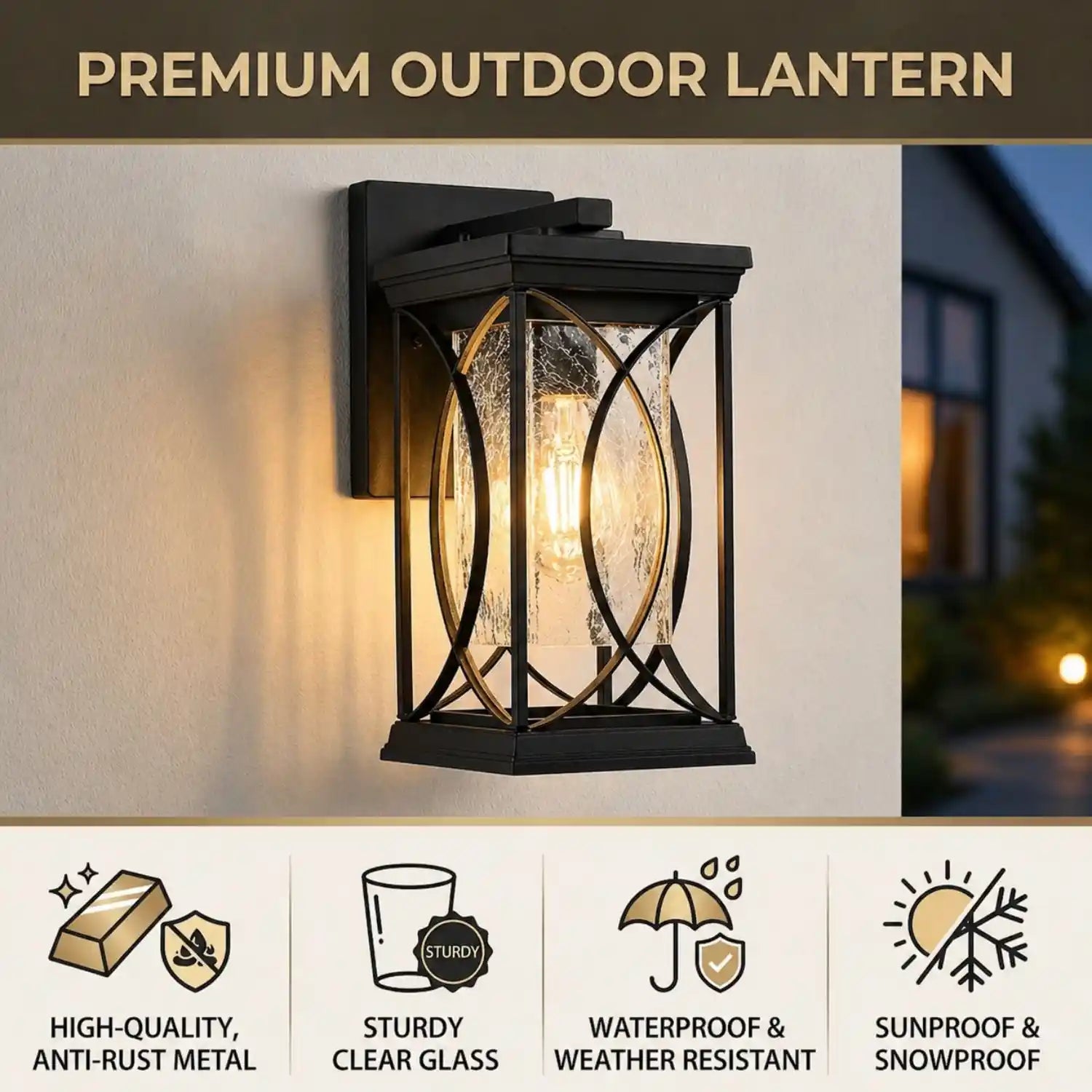 1-Pack Outdoor Light Lantern with Modern Crackled Glass for Exterior Purpose