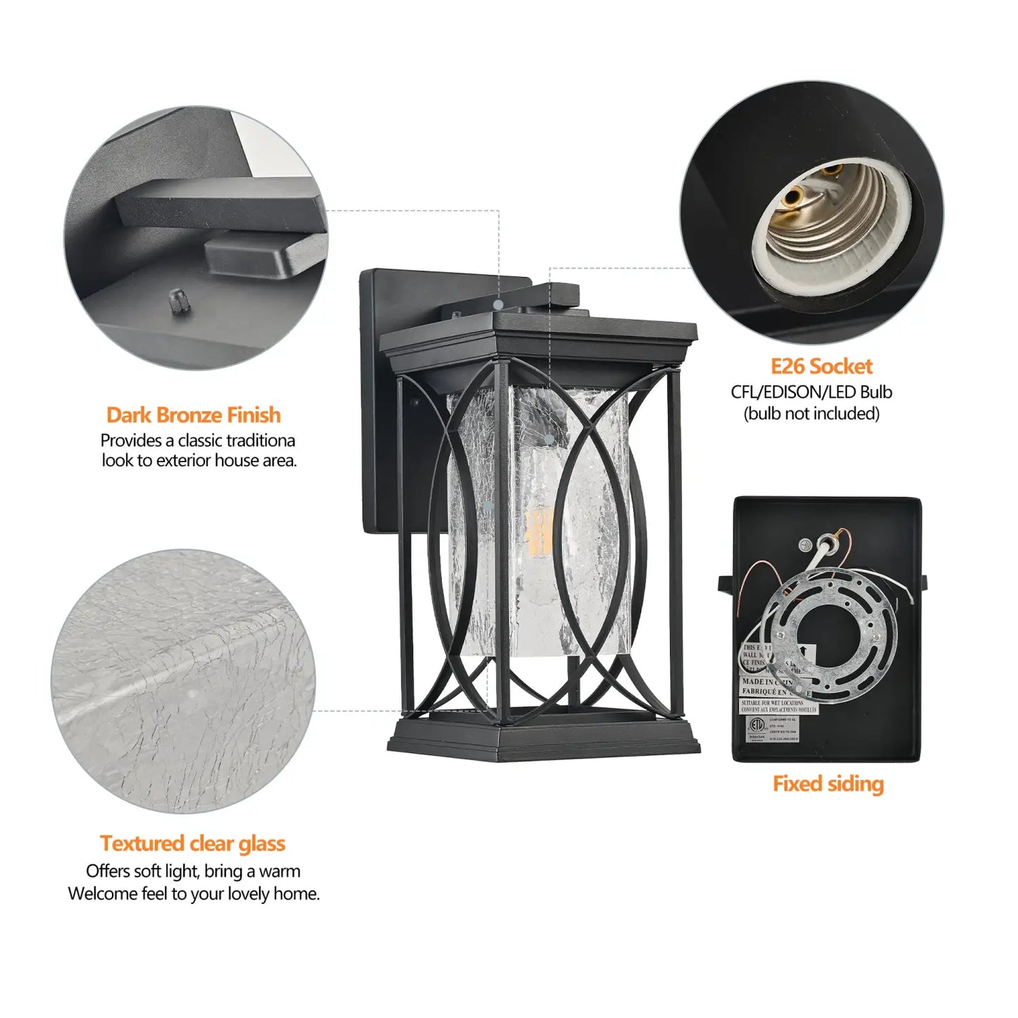 1-Pack Outdoor Light Lantern with Modern Crackled Glass for Exterior Purpose
