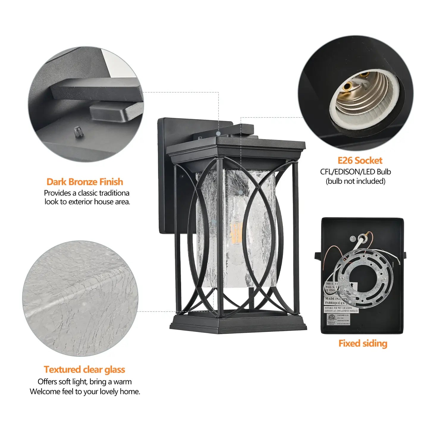 1-Pack Outdoor Light Lantern with Modern Crackled Glass for Exterior Purpose