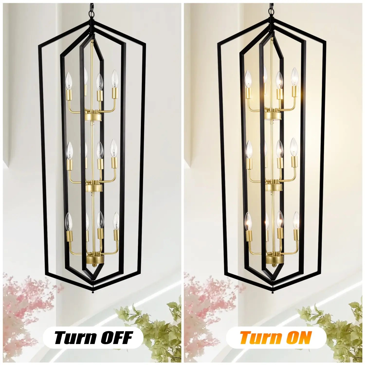 12 Light Farmhouse Hanging Light Indoor Lantern Chandelier with Gold Finish Matte Black Hanging Light