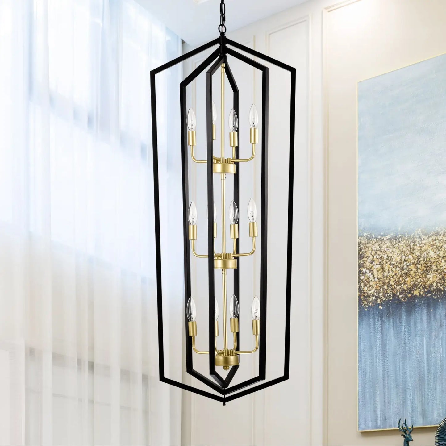 12 Light Farmhouse Hanging Light Indoor Lantern Chandelier with Gold Finish Matte Black Hanging Light