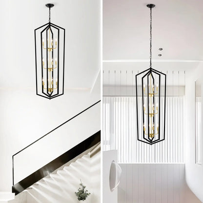 12 Light Farmhouse Hanging Light Indoor Lantern Chandelier with Gold Finish Matte Black Hanging Light
