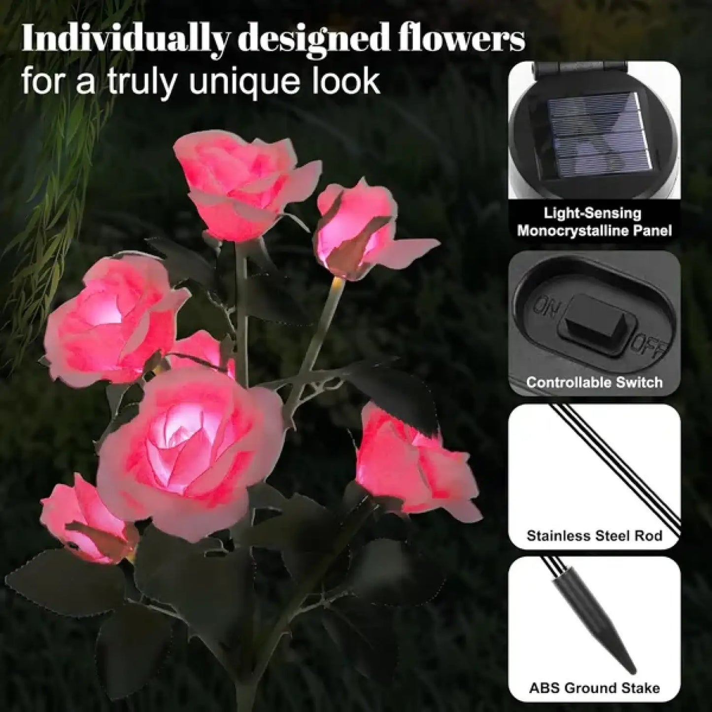 2-Pack Color Changing Solar Lights Path with 14 Rose Flowers for Outdoor