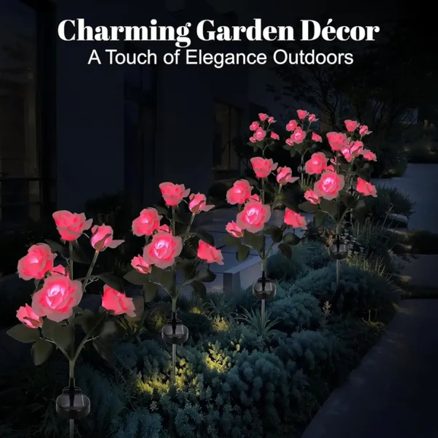 2-Pack Color Changing Solar Lights Path with 14 Rose Flowers for Outdoor