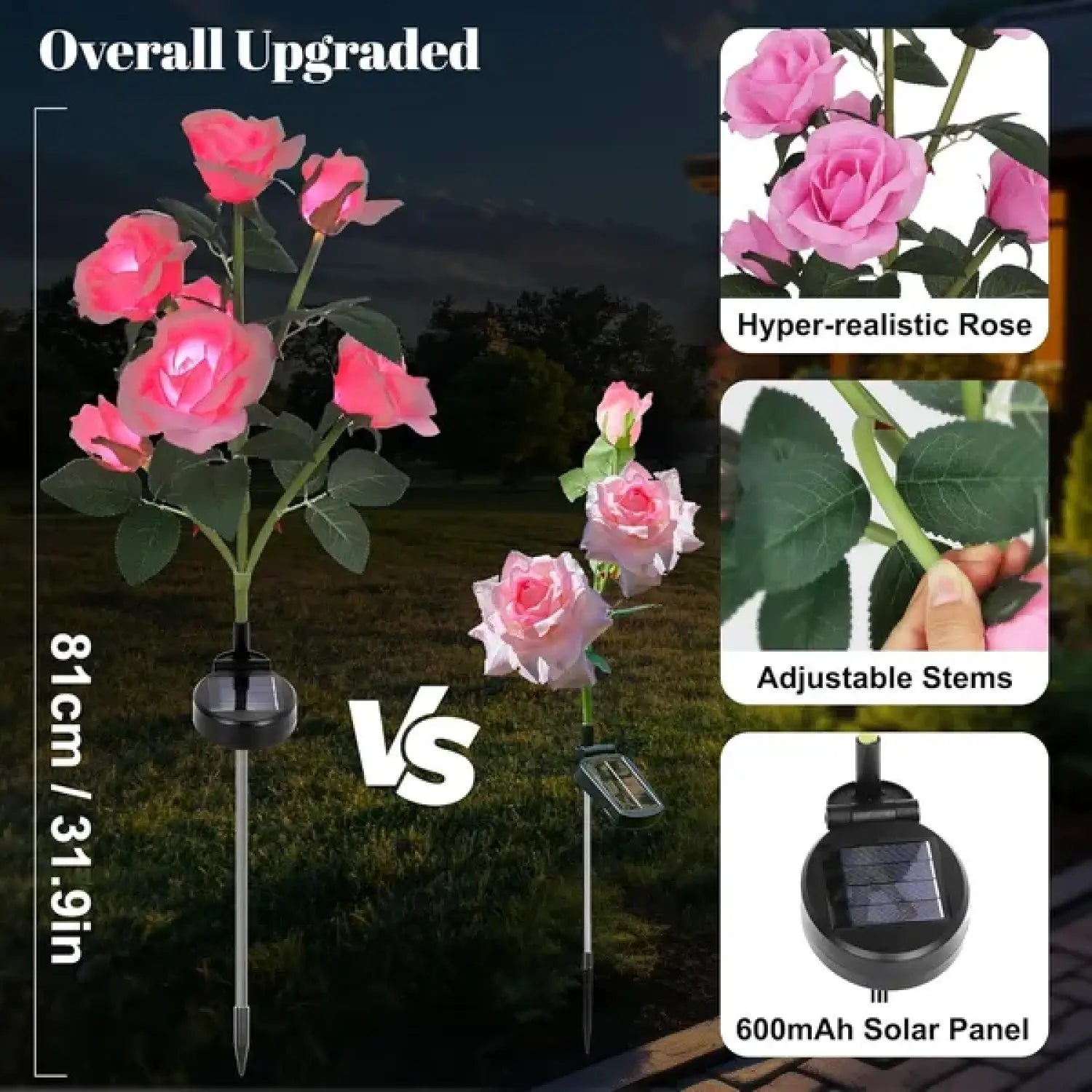 2-Pack Color Changing Solar Lights Path with 14 Rose Flowers for Outdoor