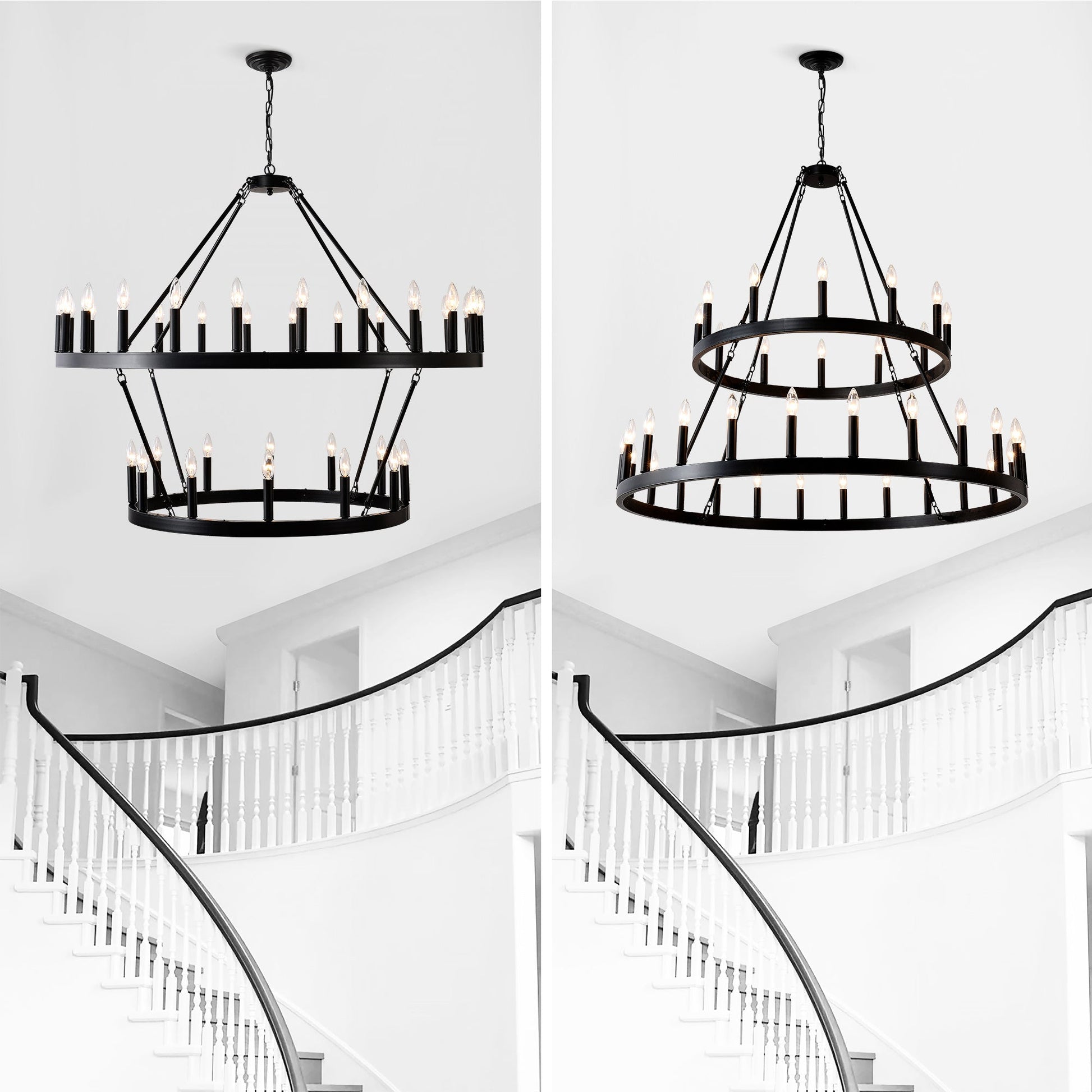 2 Tiers Wagon Wheel Chandelier Wooden Farmhouse 36 Light Black Metal Chandeliers 2 Story Light Fixtures Industrial