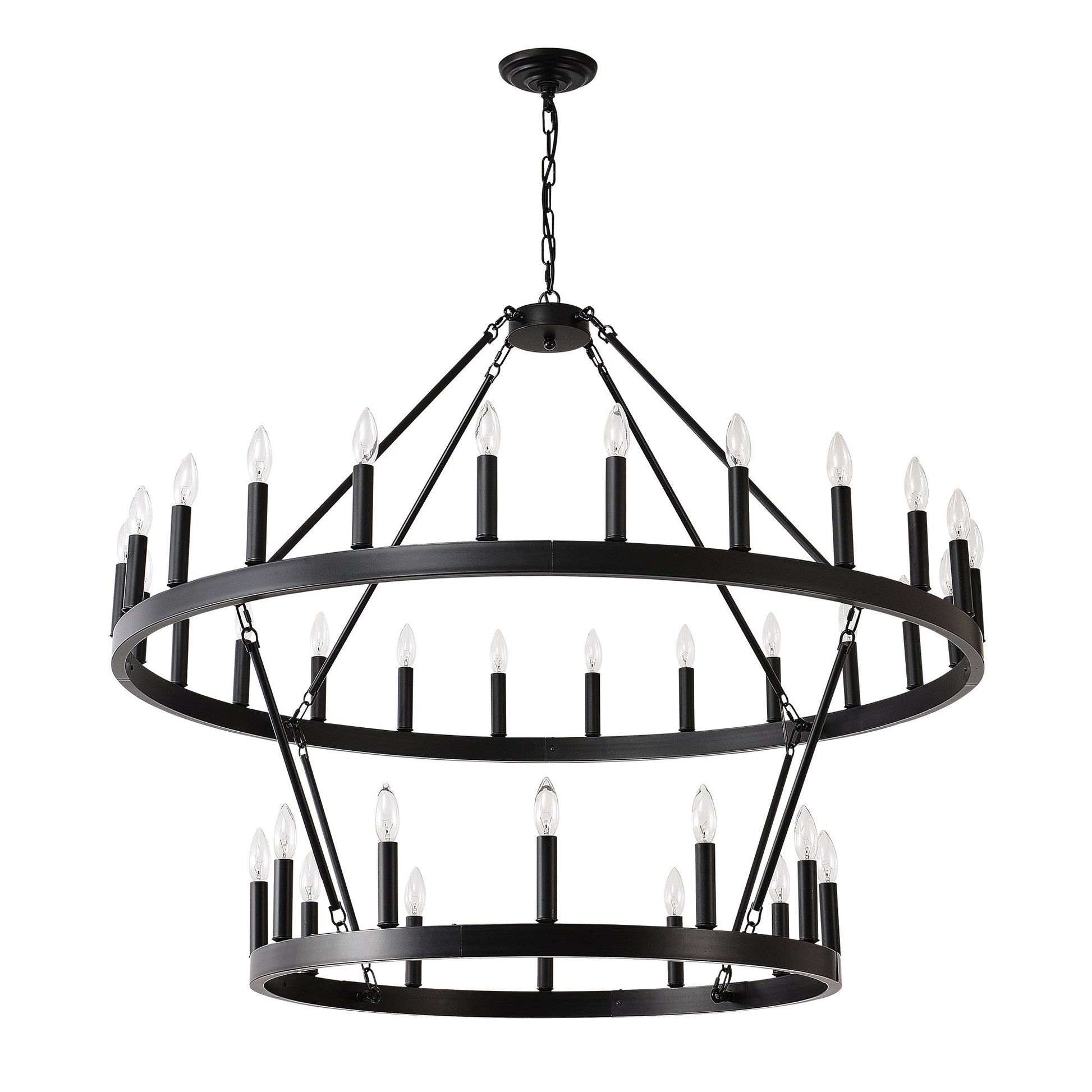 2 Tiers Wagon Wheel Chandelier Wooden Farmhouse 36 Light Black Metal Chandeliers 2 Story Light Fixtures Industrial