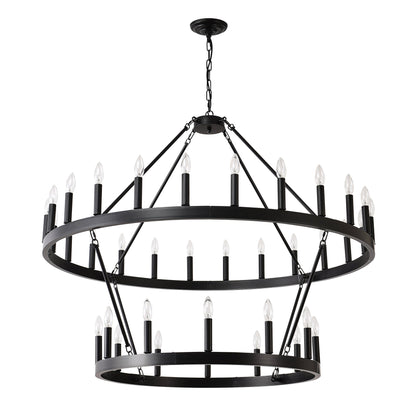 2 Tiers Wagon Wheel Chandelier Wooden Farmhouse 36 Light Black Metal Chandeliers 2 Story Light Fixtures Industrial