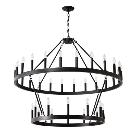 2 Tiers Wagon Wheel Chandelier Wooden Farmhouse 36 Light Black Metal Chandeliers 2 Story Light Fixtures Industrial