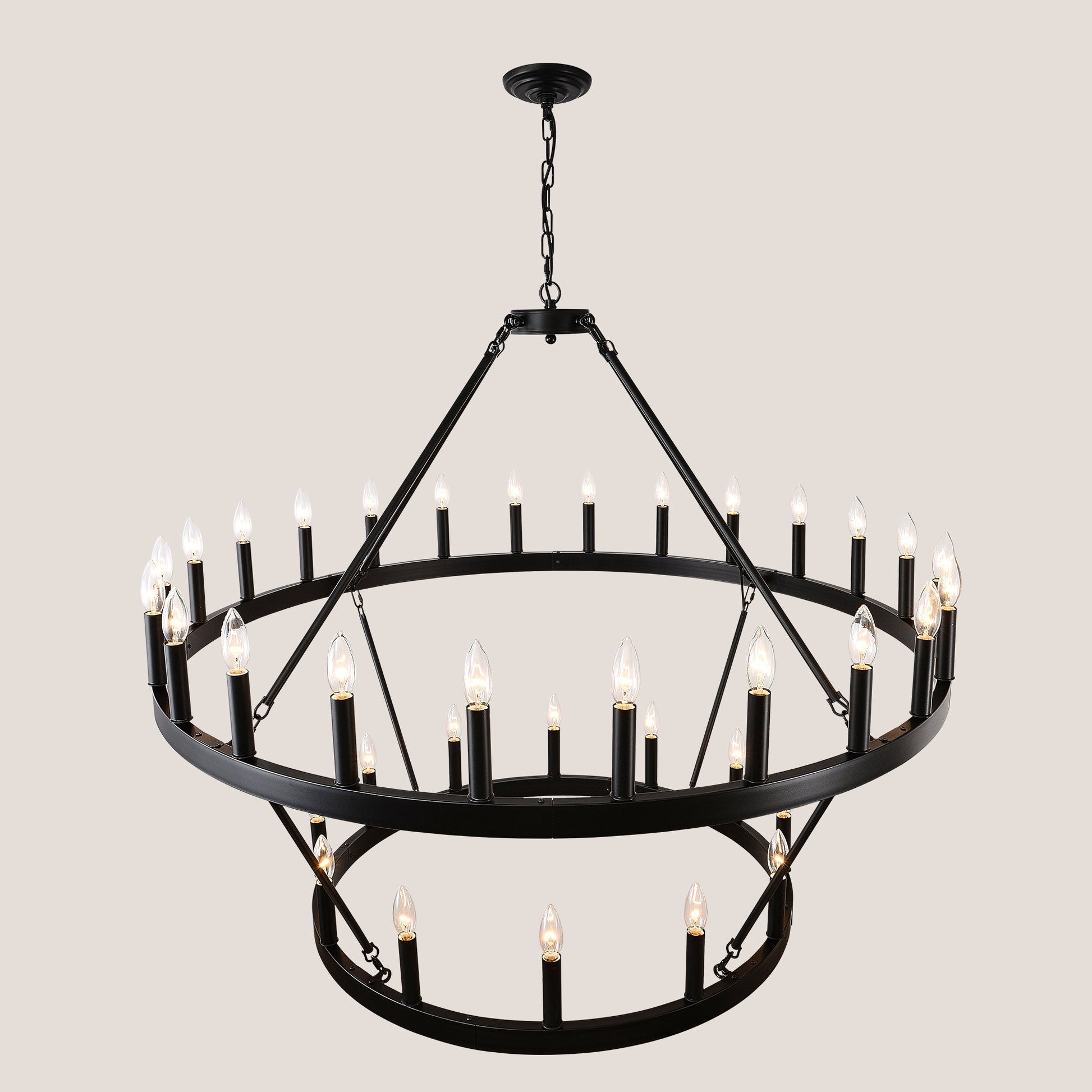 2 Tiers Wagon Wheel Chandelier Wooden Farmhouse 36 Light Black Metal Chandeliers 2 Story Light Fixtures Industrial