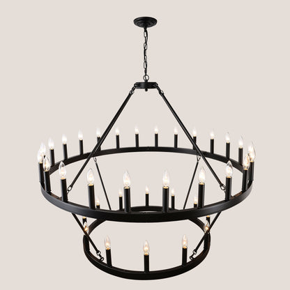 2 Tiers Wagon Wheel Chandelier Wooden Farmhouse 36 Light Black Metal Chandeliers 2 Story Light Fixtures Industrial
