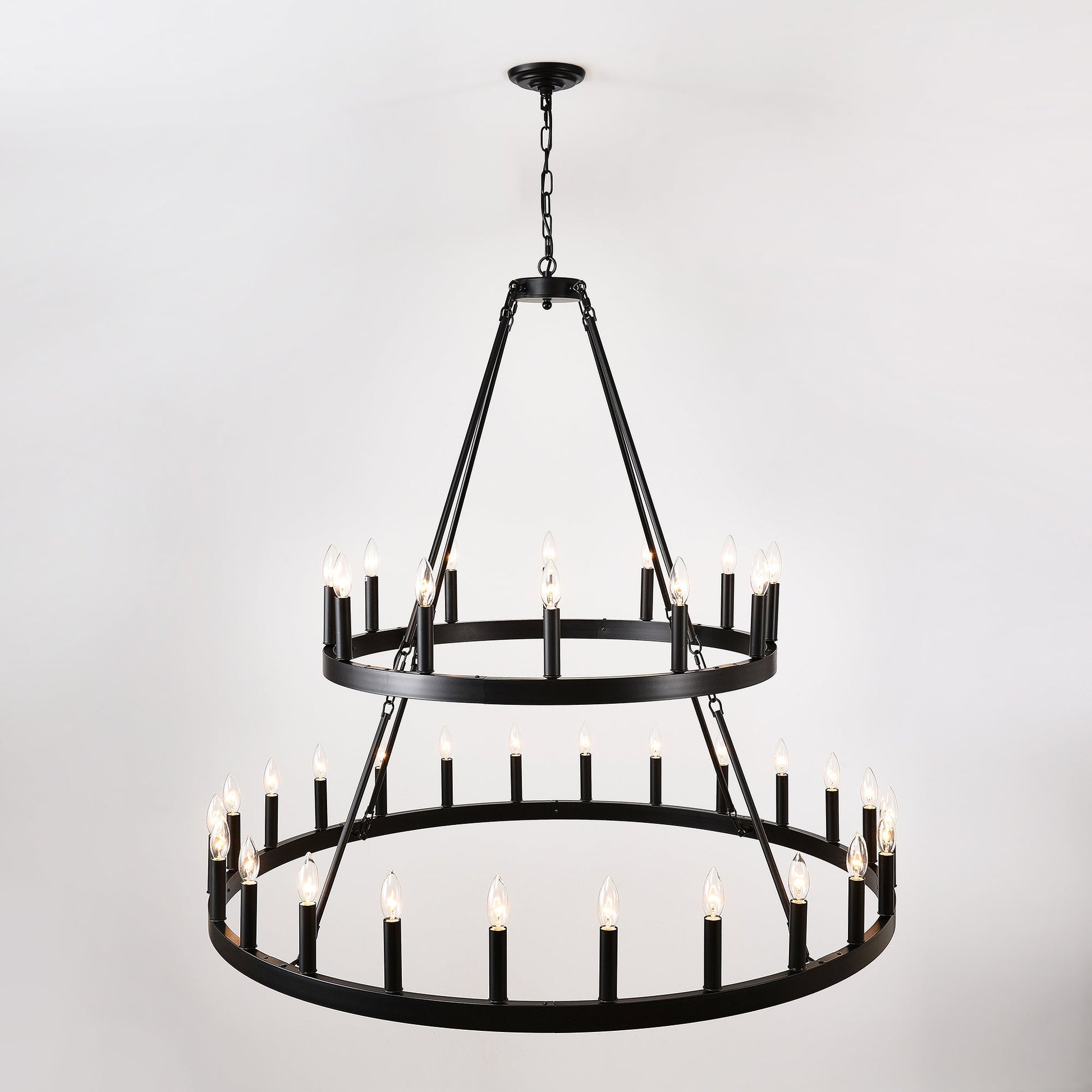2 Tiers Wagon Wheel Chandelier Wooden Farmhouse 36 Light Black Metal Chandeliers 2 Story Light Fixtures Industrial