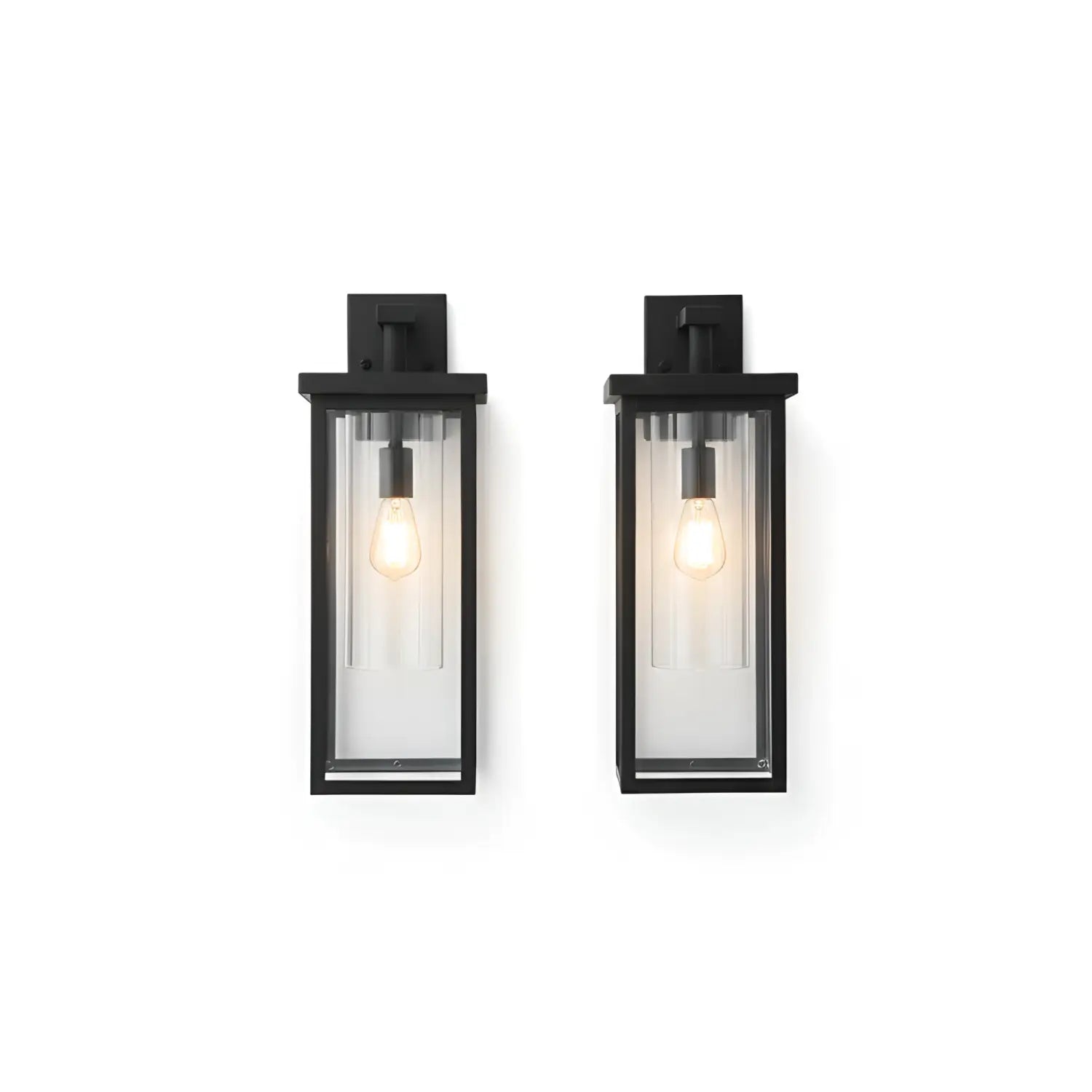 20inch Height Set Of 2 Modern Outdoor Wall Lanterns With Black Metal Frame And Clear Glass Weatherproof Wall Sconces