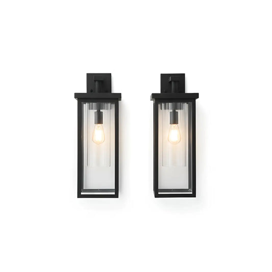 20inch Height Set Of 2 Modern Outdoor Wall Lanterns With Black Metal Frame And Clear Glass Weatherproof Wall Sconces
