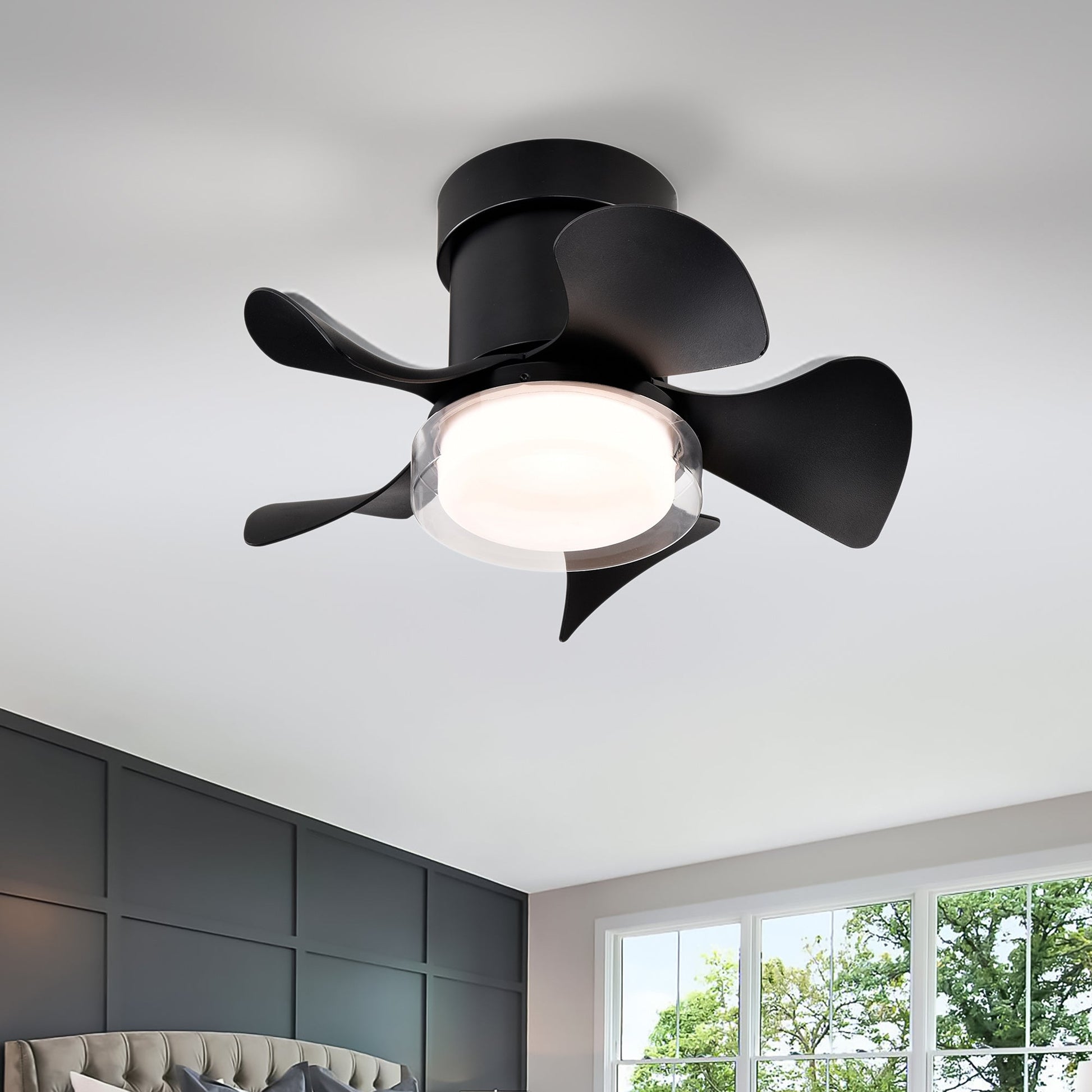 21’’ Matte Black Ceiling Fans with Lights Quiet DC Motor & Remote Black 12V Hanging Light