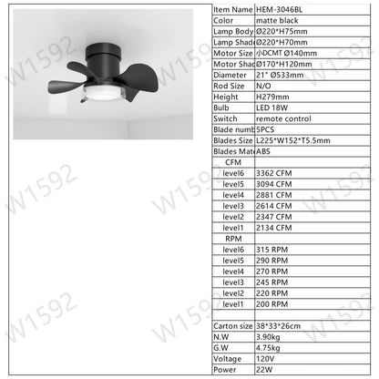 21’’ Matte Black Ceiling Fans with Lights Quiet DC Motor & Remote Black 12V Hanging Light