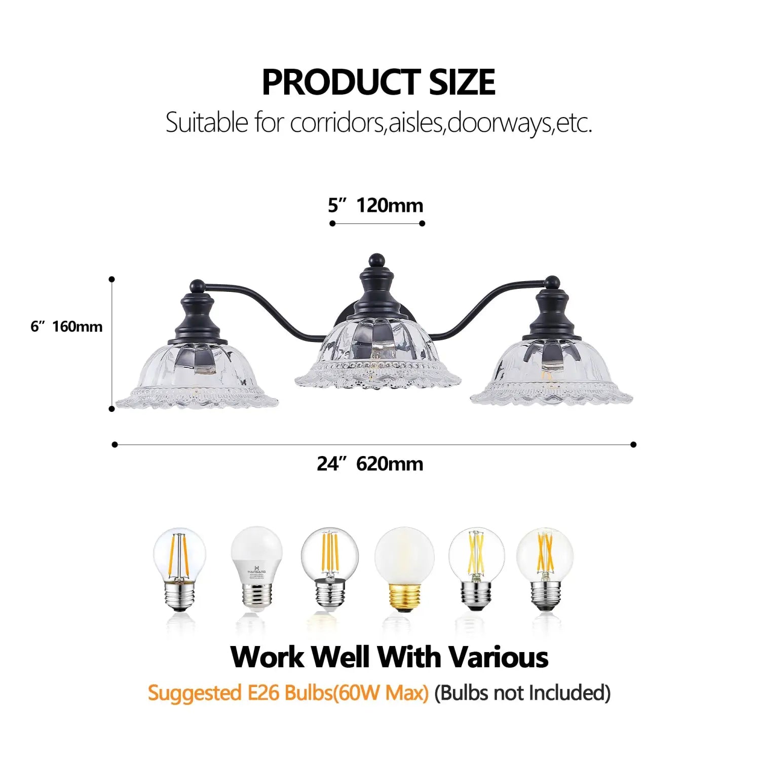 24 Inch Elegant Black Metal 3 Wall Sconces for Bedroom Bathroom & Hallway - Black - 12V Hanging Light