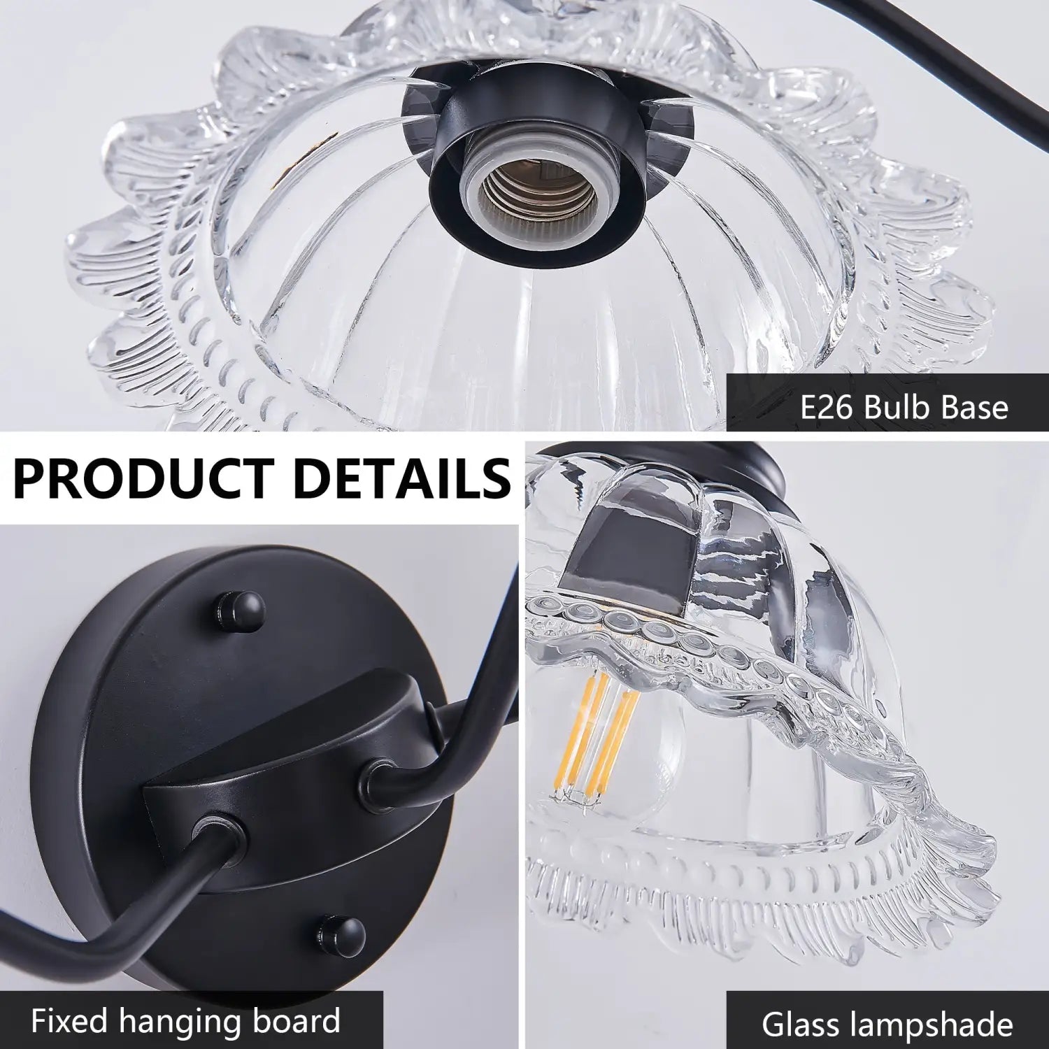 24 Inch Elegant Black Metal 3 Wall Sconces for Bedroom Bathroom & Hallway - Black - 12V Hanging Light
