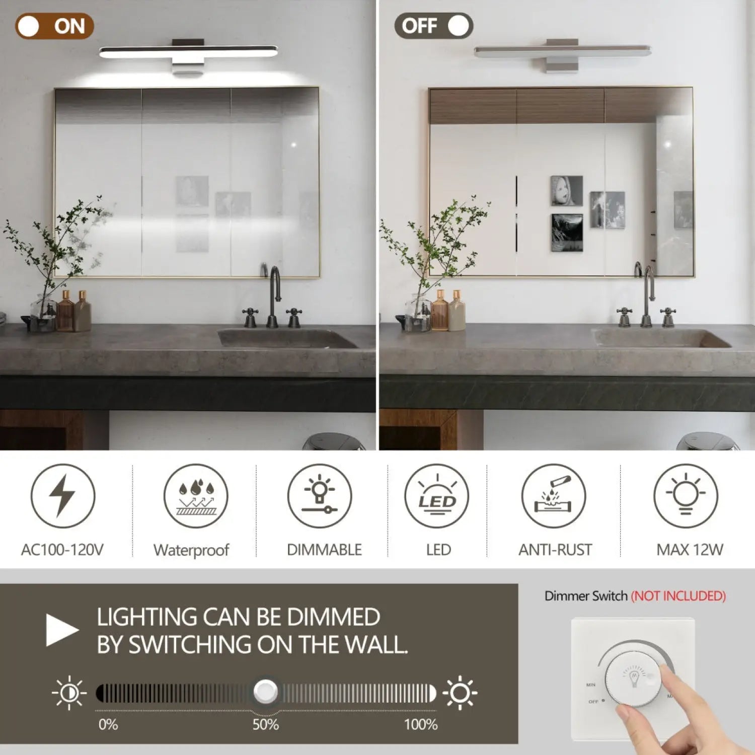 24’’ Modern Bathroom Lights Dimmable Chrome LED Vanity Sconce 12W 6000K Waterproof Wall Fixture - White - Wall Lights