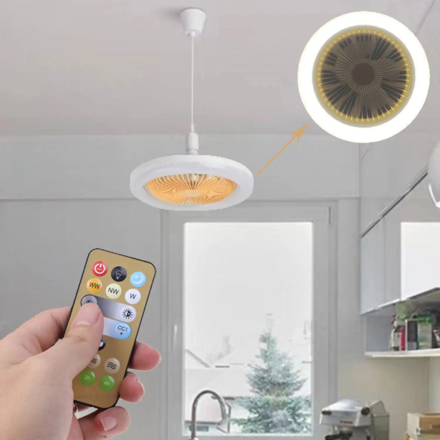 26CM Remote Control LED Light and Fan - Ceiling Fan with E27 Lamp - Hanging Fan